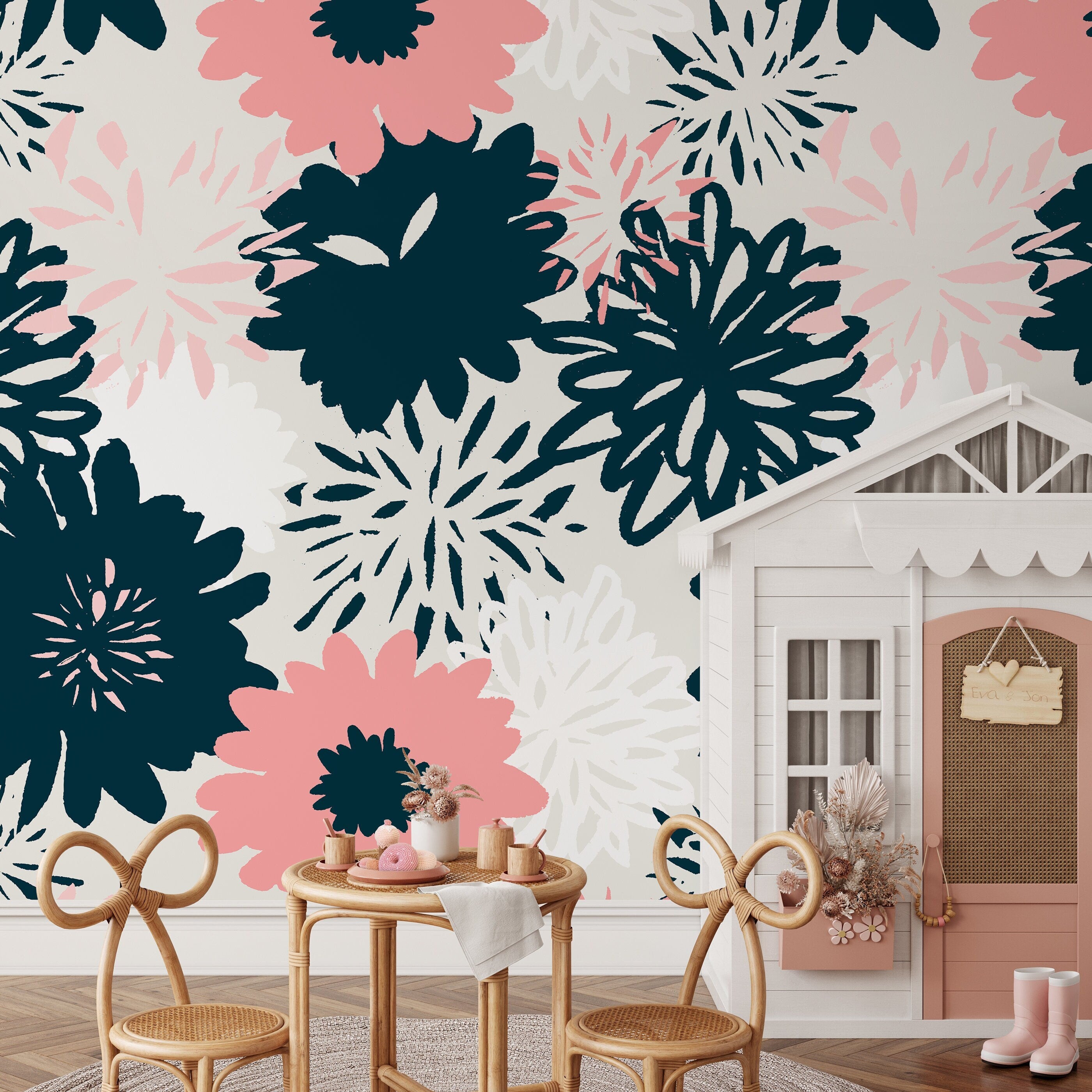 Abstract Floral Wallpaper with Bold Hand-Drawn Blooms in Navy Blue and Pink - B372