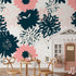 Abstract Floral Wallpaper with Bold Hand-Drawn Blooms in Navy Blue and Pink - B372