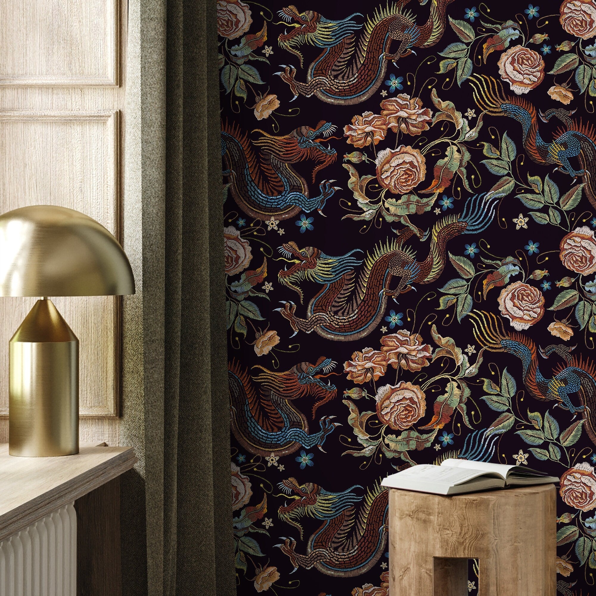 Chinoiserie Wallpaper with Dragons and Roses in Blue, Brown, and Orange - D879
