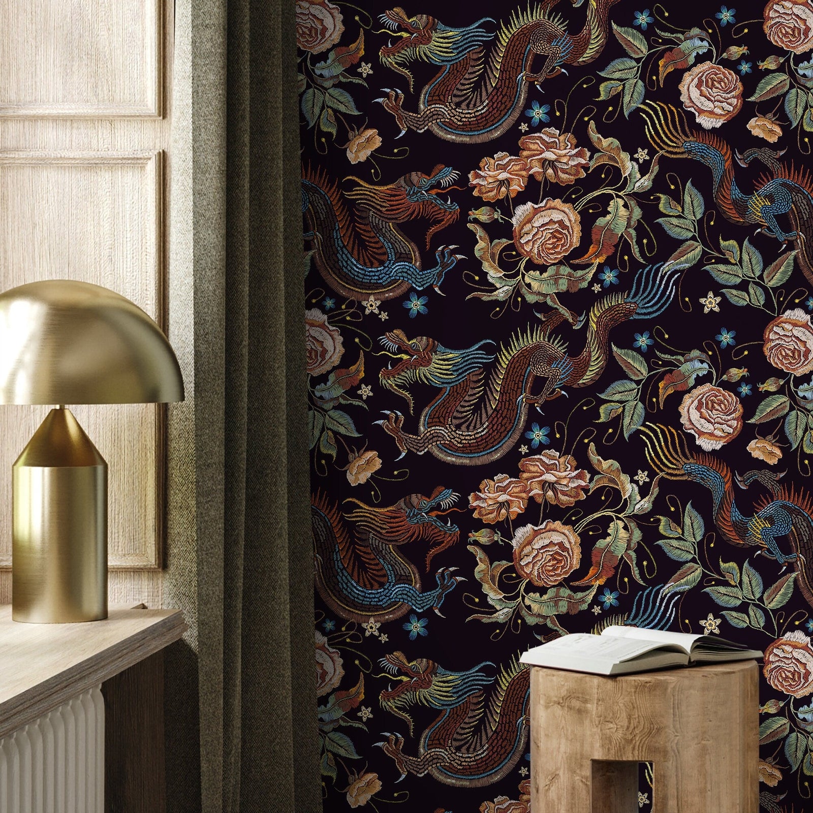 Chinoiserie Wallpaper with Dragons and Roses in Blue, Brown, and Orange - D879