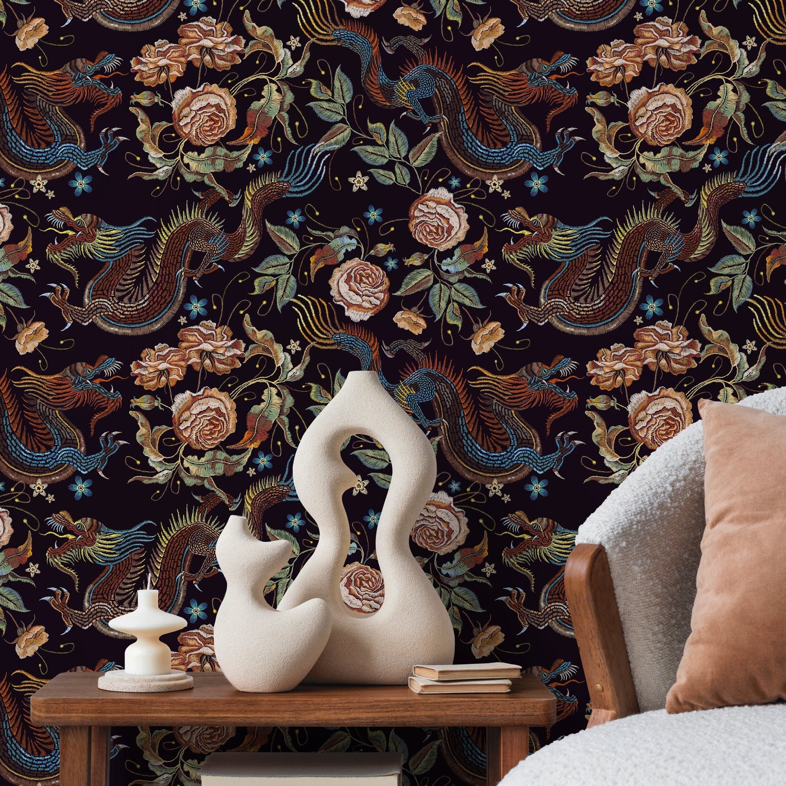 Chinoiserie Wallpaper with Dragons and Roses in Blue, Brown, and Orange - D879