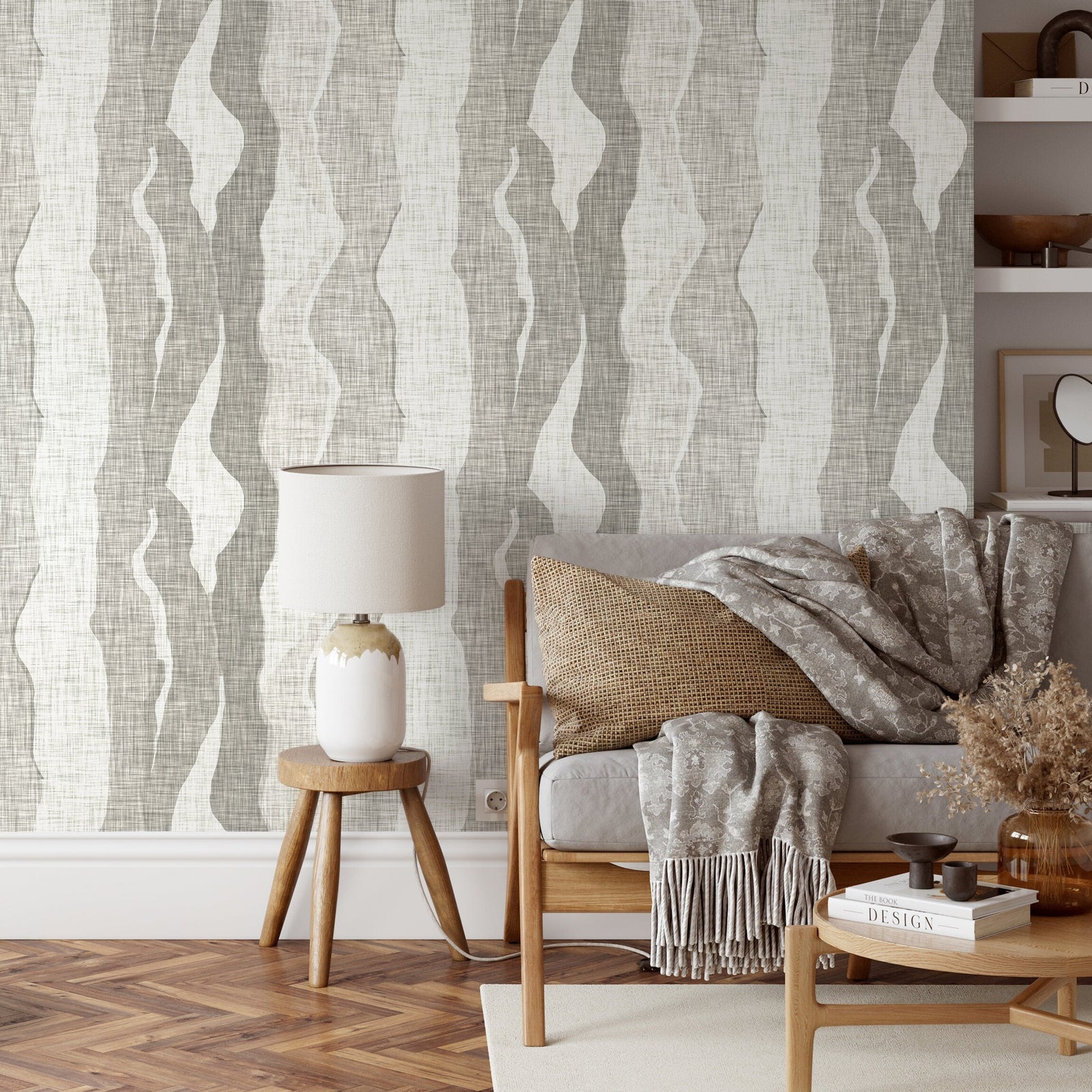 Abstract Wallpaper with Flowing Organic Waves in Grey and White - D798