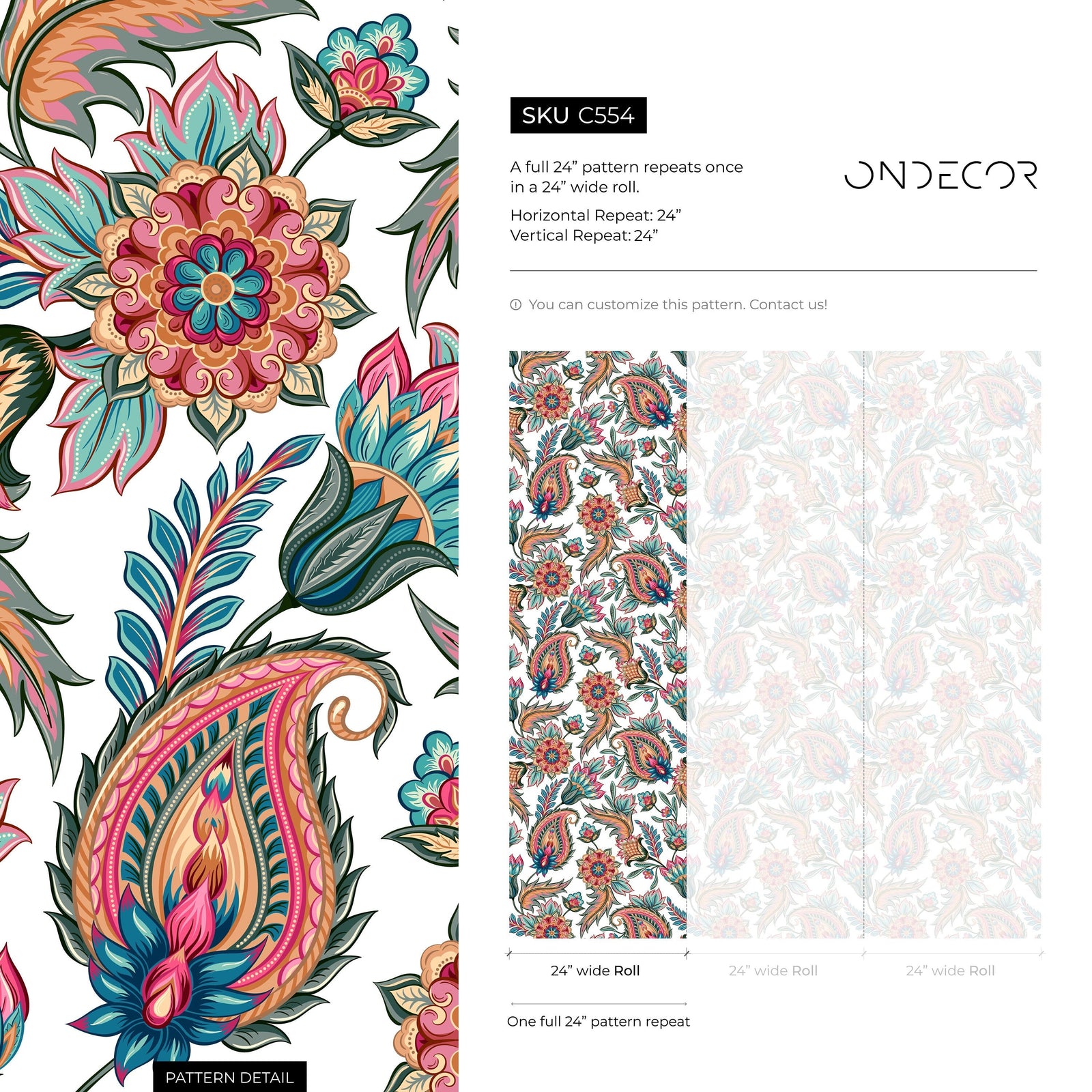 Paisley Wallpaper with Intricate Floral Motifs in Pink, Teal, and Orange - C554