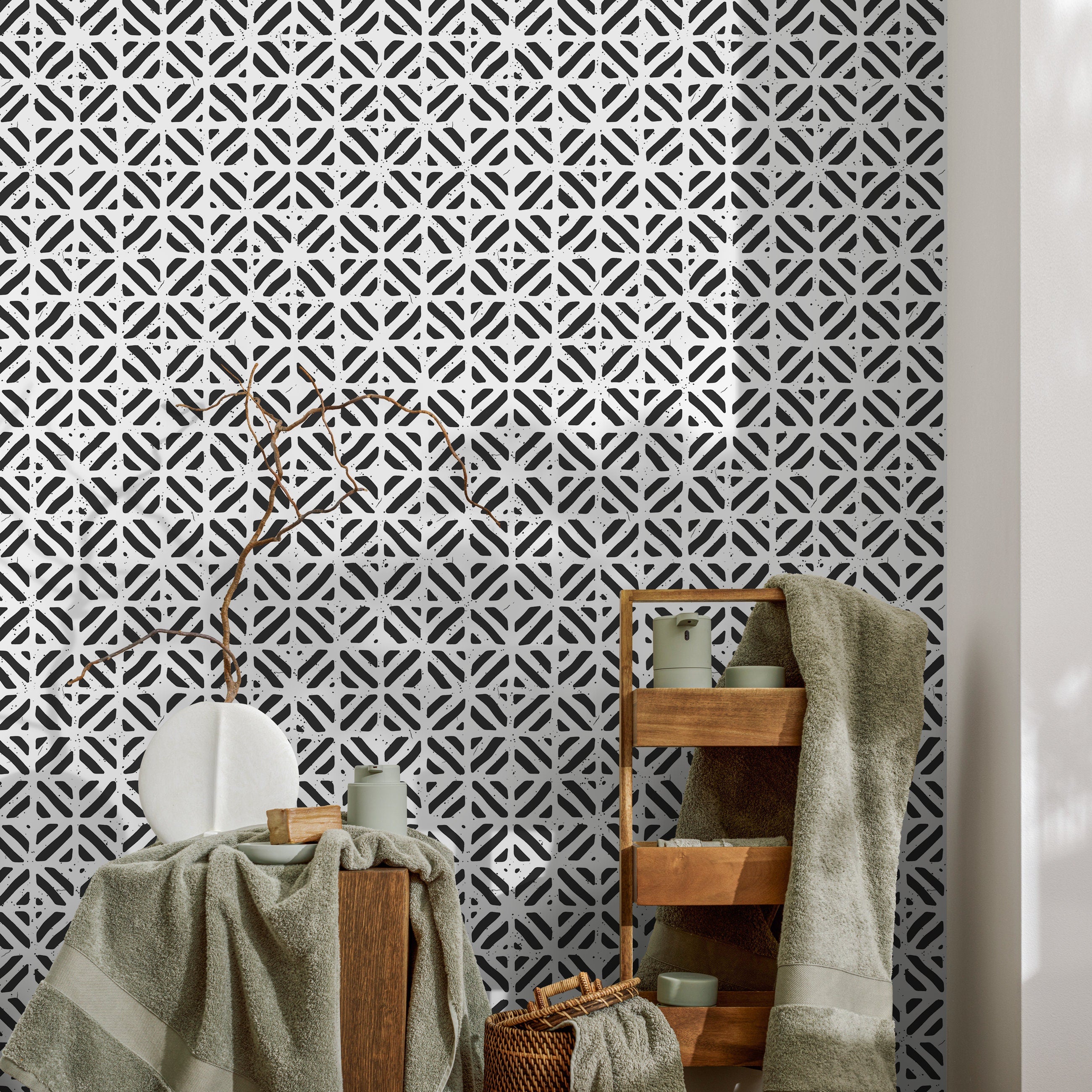 Geometric Wallpaper with a Stamped Crosshatch Motif in Black and White - A605