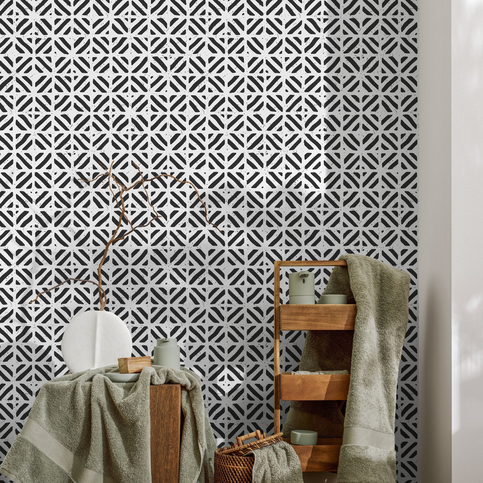 Geometric Wallpaper with a Stamped Crosshatch Motif in Black and White - A605