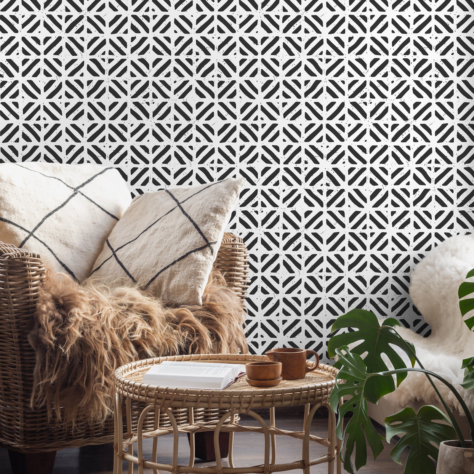 Geometric Wallpaper with a Stamped Crosshatch Motif in Black and White - A605