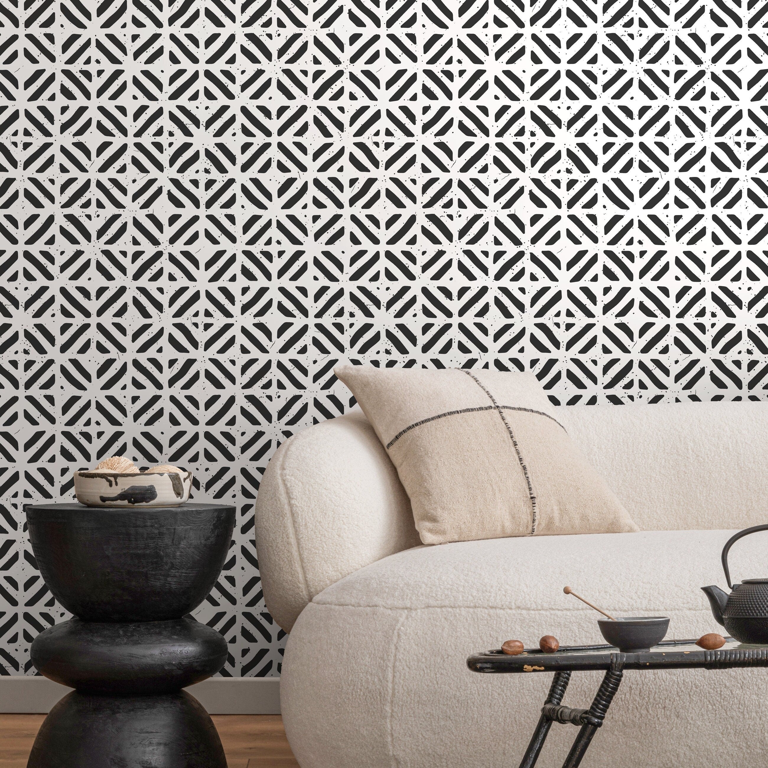 Geometric Wallpaper with a Stamped Crosshatch Motif in Black and White - A605
