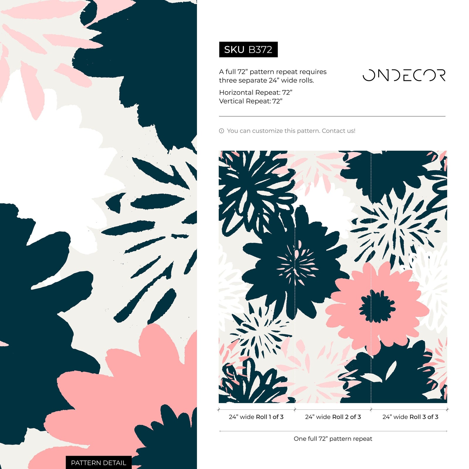 Abstract Floral Wallpaper with Bold Hand-Drawn Blooms in Navy Blue and Pink - B372