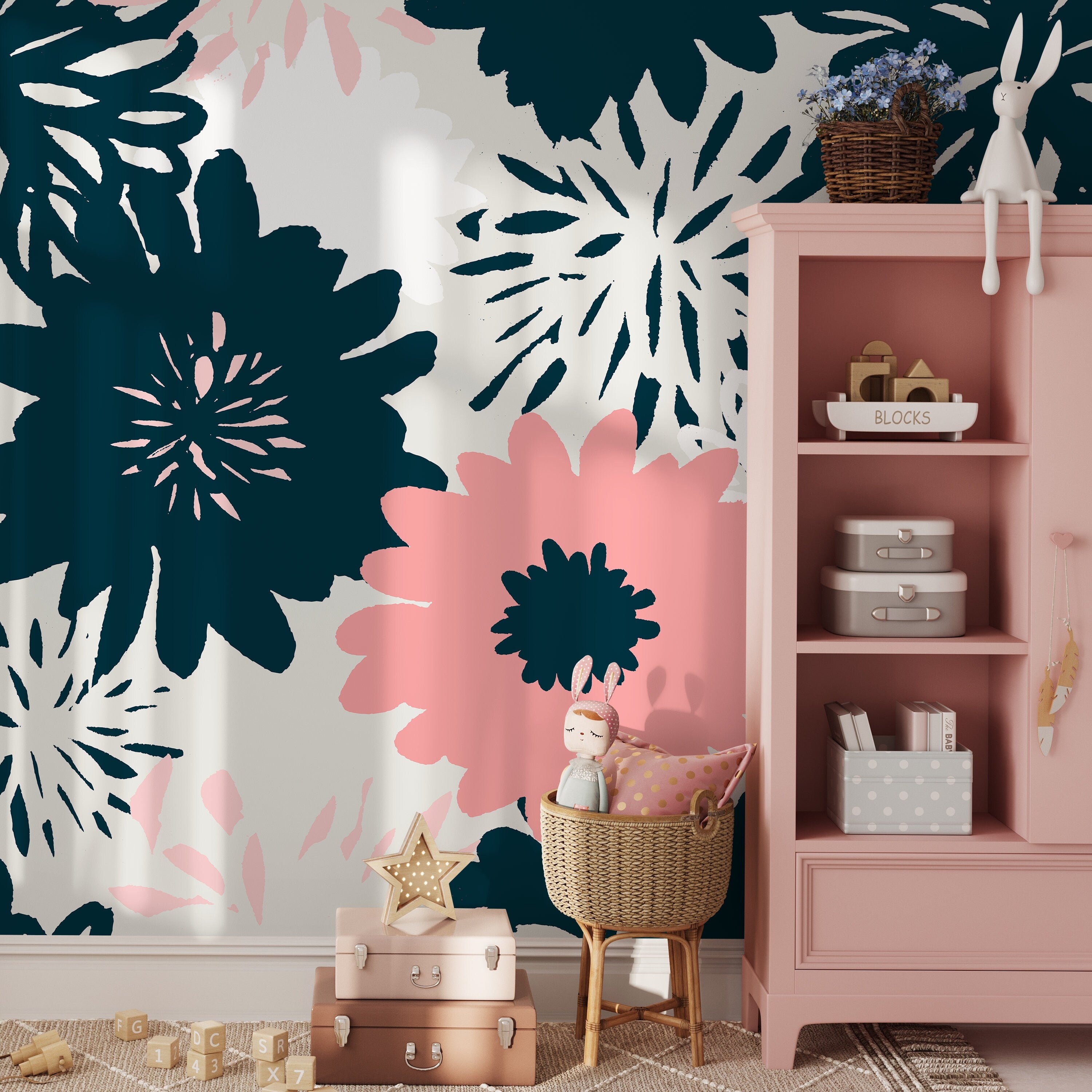 Abstract Floral Wallpaper with Bold Hand-Drawn Blooms in Navy Blue and Pink - B372