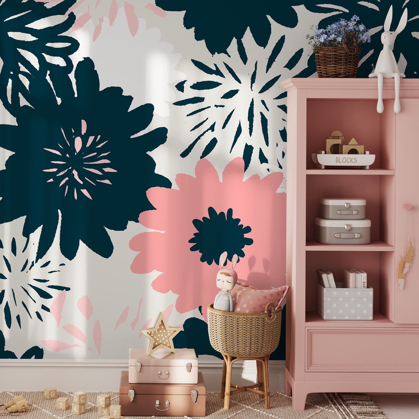 Abstract Floral Wallpaper with Bold Hand-Drawn Blooms in Navy Blue and Pink - B372