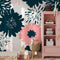 Abstract Floral Wallpaper with Bold Hand-Drawn Blooms in Navy Blue and Pink - B372