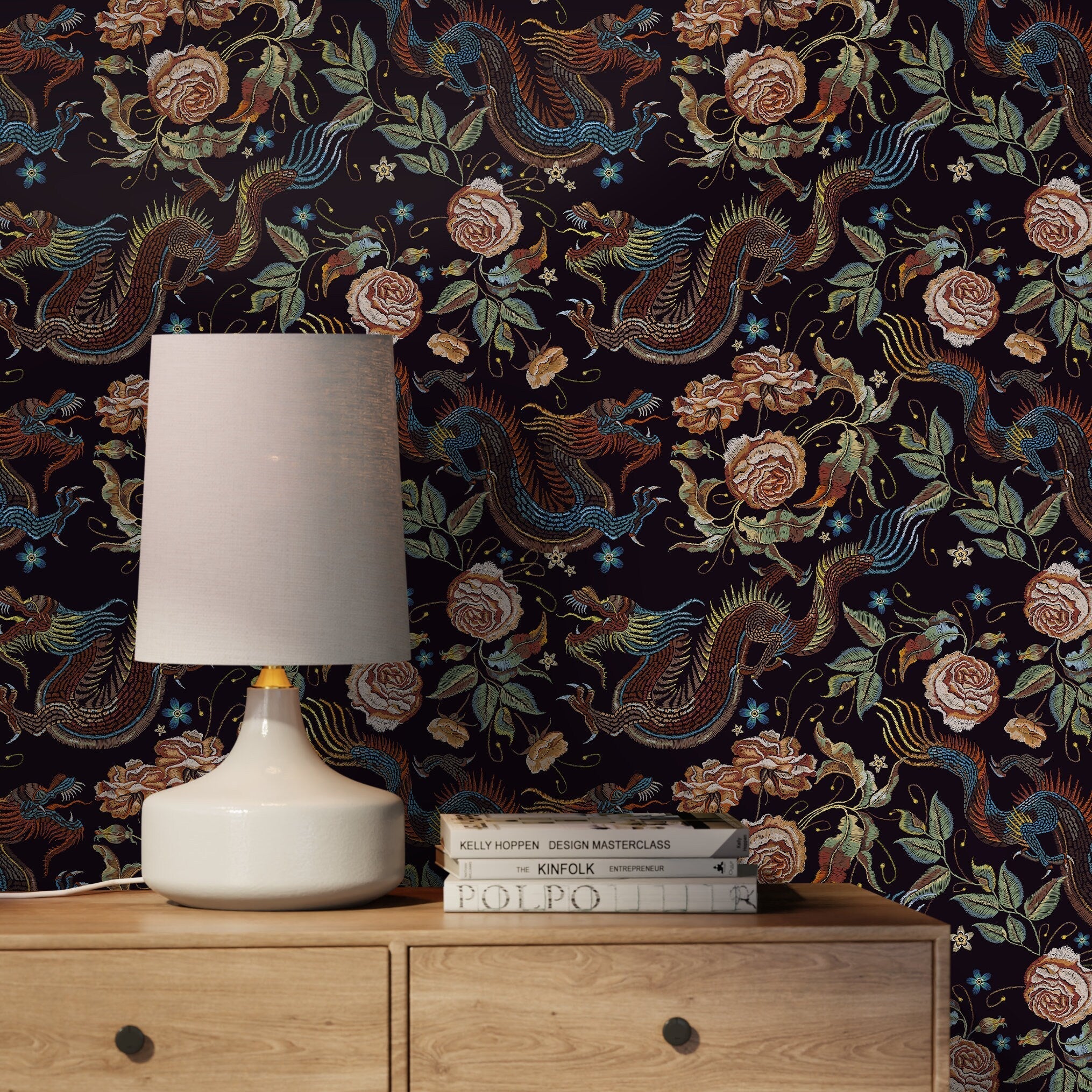 Chinoiserie Wallpaper with Dragons and Roses in Blue, Brown, and Orange - D879
