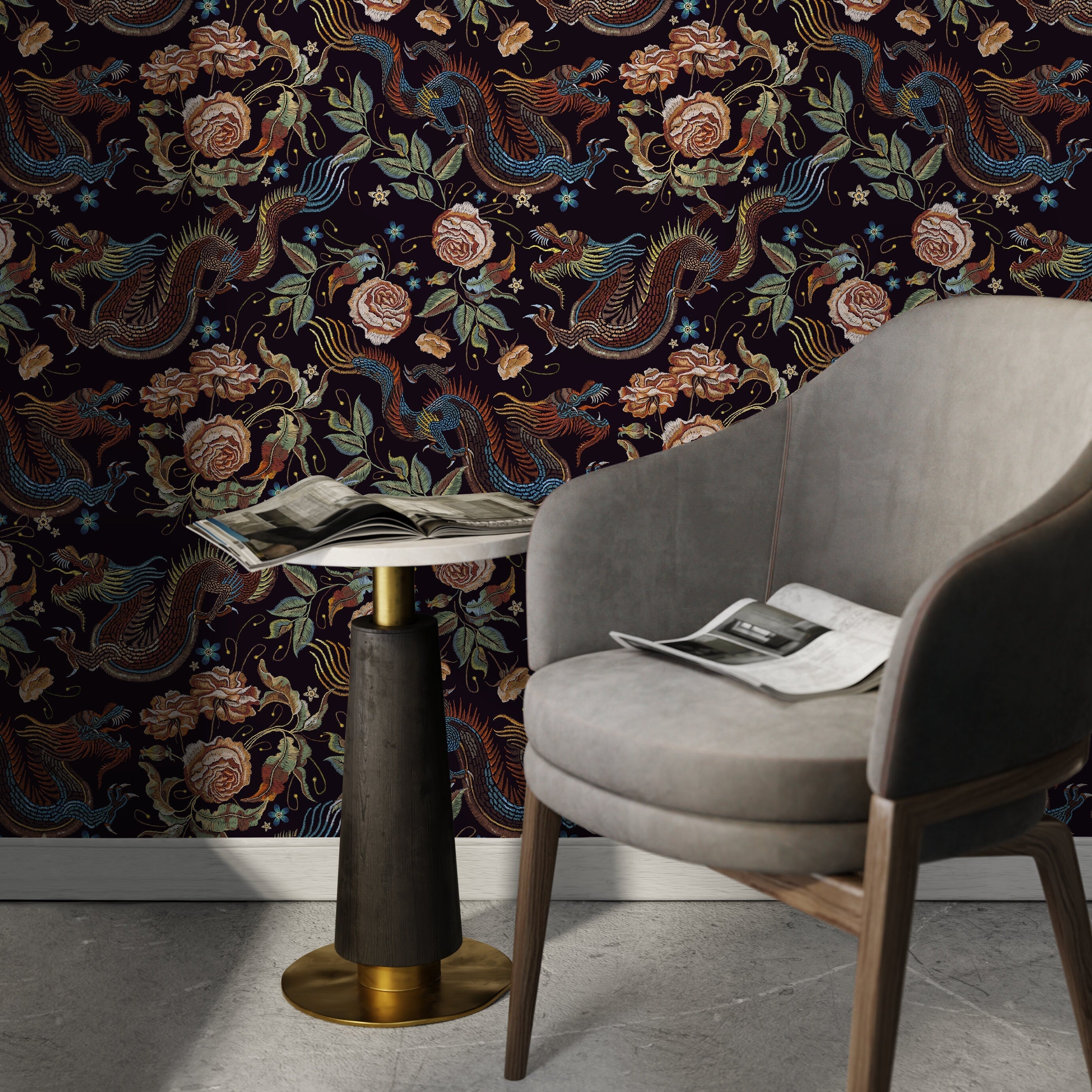 Chinoiserie Wallpaper with Dragons and Roses in Blue, Brown, and Orange - D879