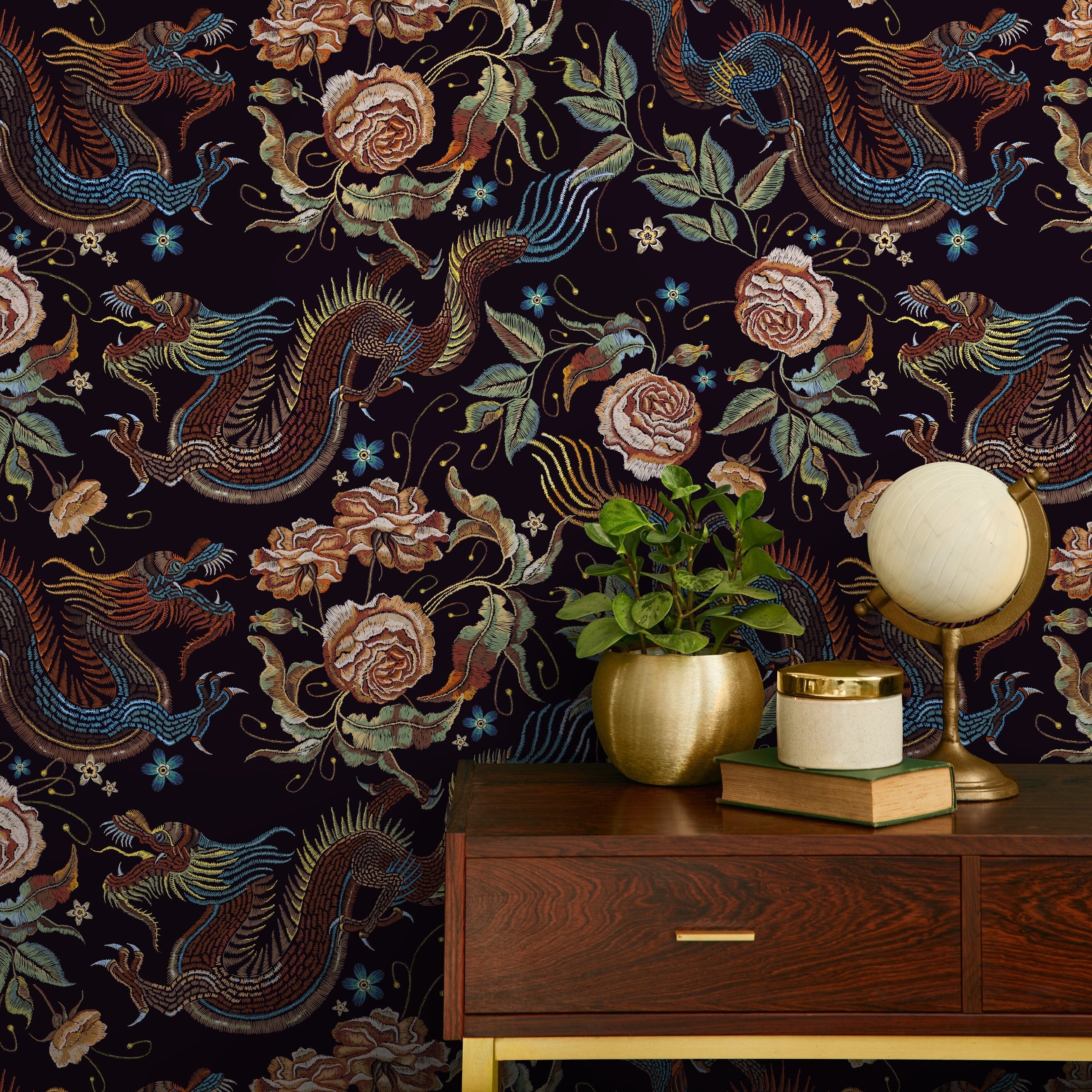 Chinoiserie Wallpaper with Dragons and Roses in Blue, Brown, and Orange - D879