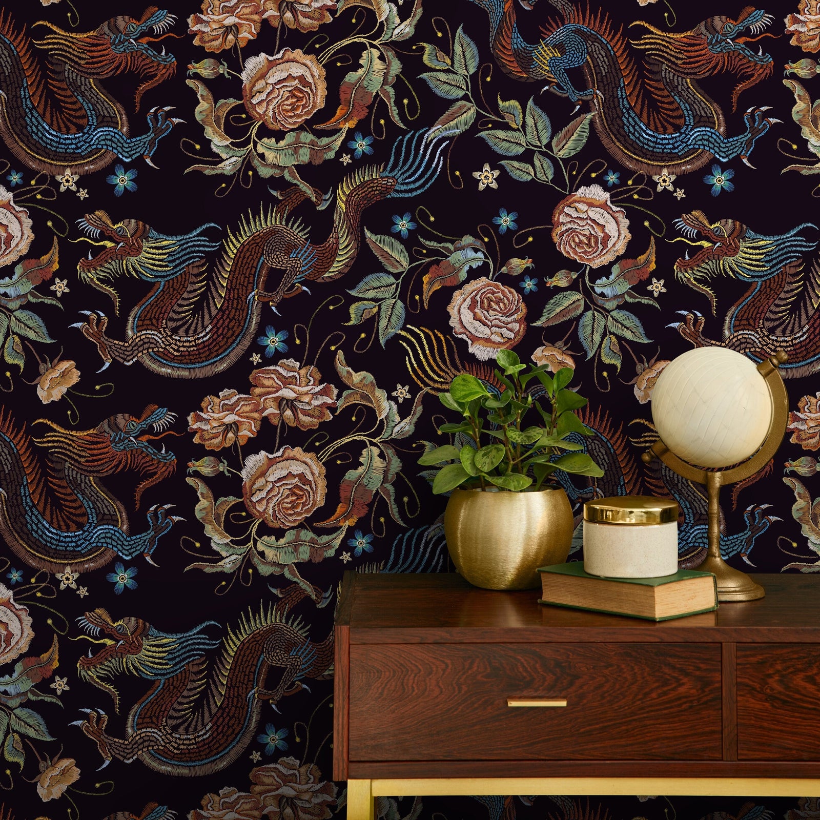 Chinoiserie Wallpaper with Dragons and Roses in Blue, Brown, and Orange - D879