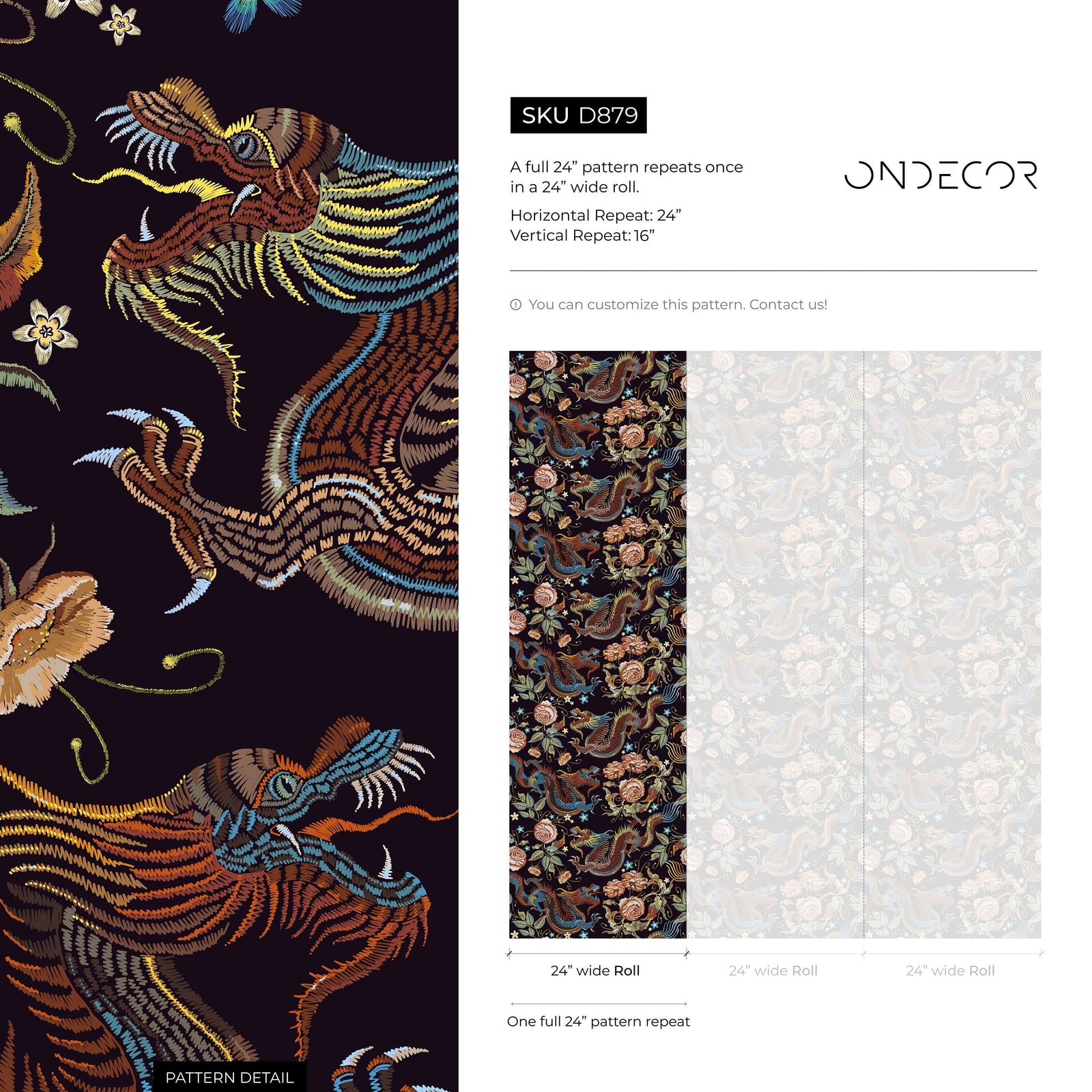 Chinoiserie Wallpaper with Dragons and Roses in Blue, Brown, and Orange - D879