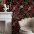 Gothic Wallpaper with an Embroidered Motif of Flowers and Keys in Red, Black, and Gold - D918
