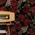 Gothic Wallpaper with an Embroidered Motif of Flowers and Keys in Red, Black, and Gold - D918