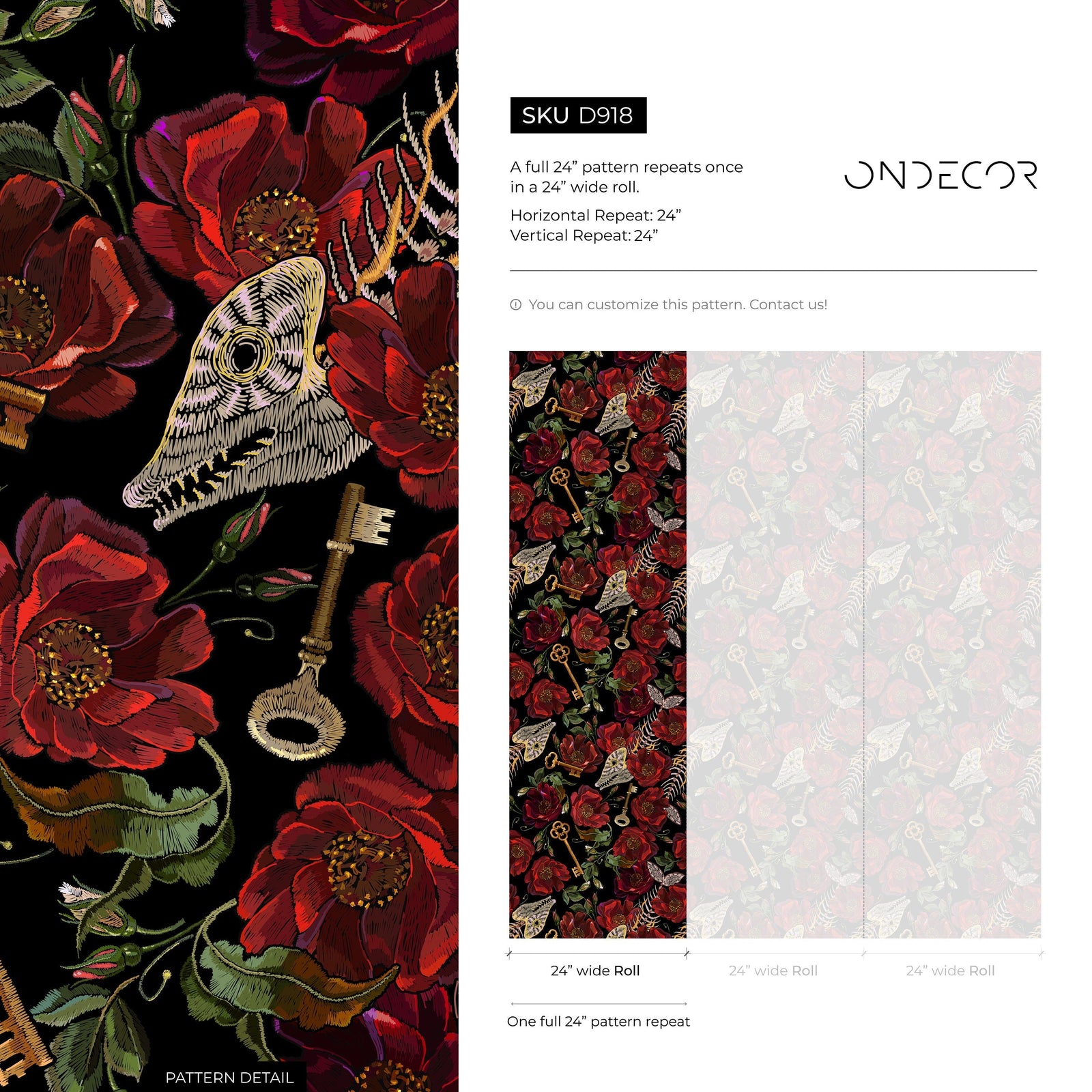 Gothic Wallpaper with an Embroidered Motif of Flowers and Keys in Red, Black, and Gold - D918