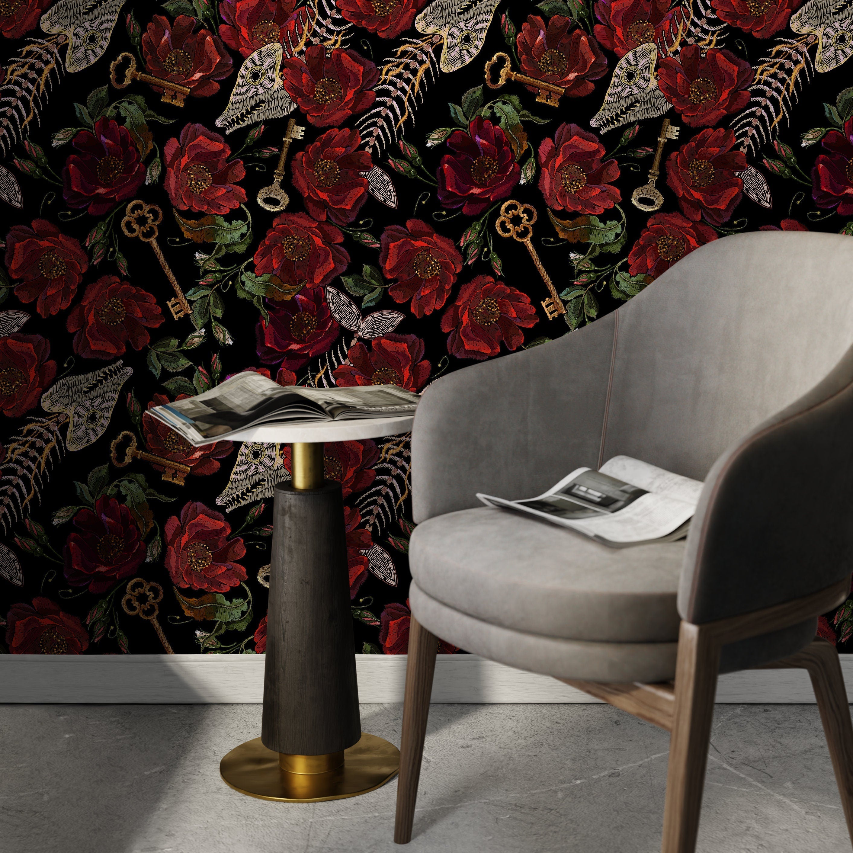 Gothic Wallpaper with an Embroidered Motif of Flowers and Keys in Red, Black, and Gold - D918