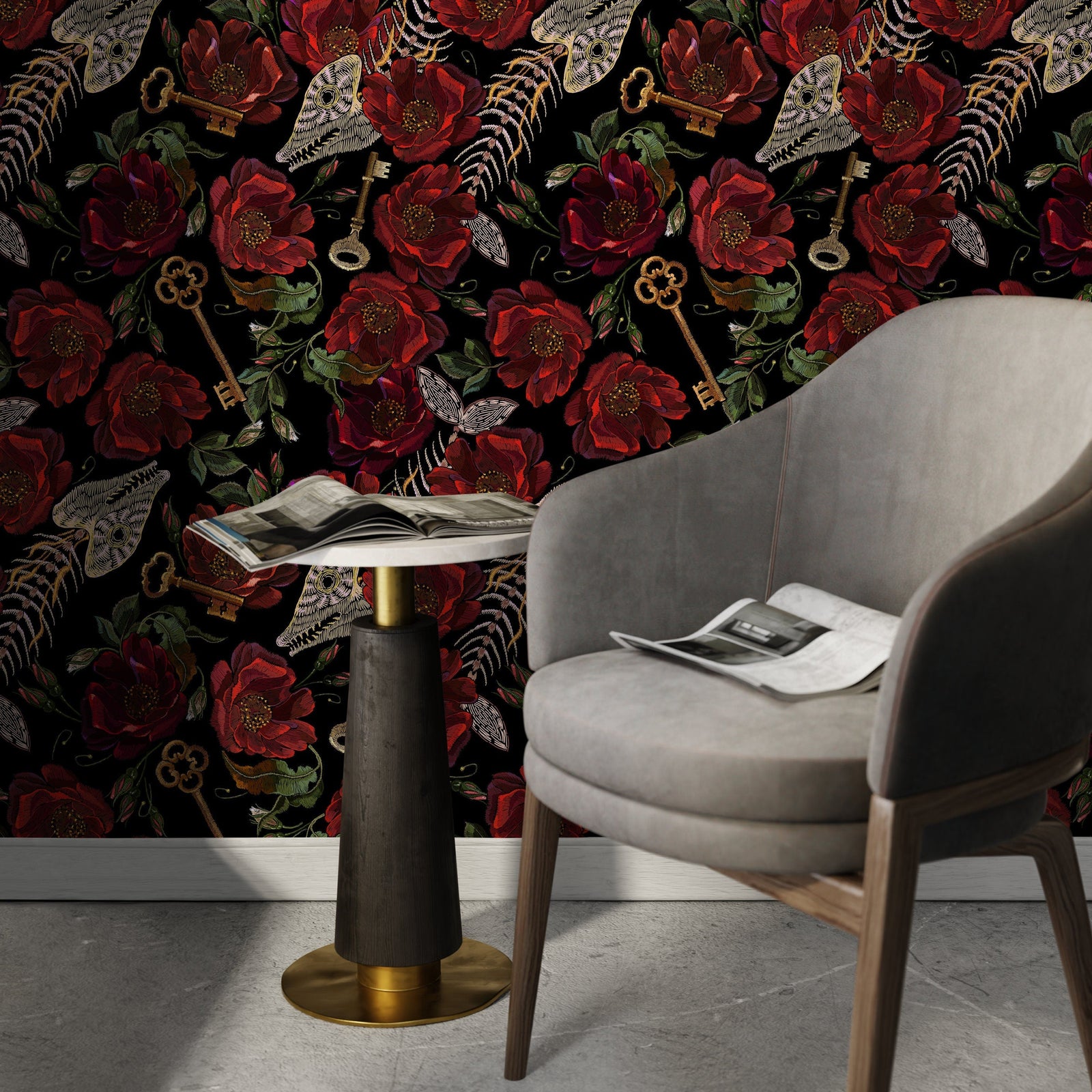 Gothic Wallpaper with an Embroidered Motif of Flowers and Keys in Red, Black, and Gold - D918
