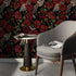 Gothic Wallpaper with an Embroidered Motif of Flowers and Keys in Red, Black, and Gold - D918
