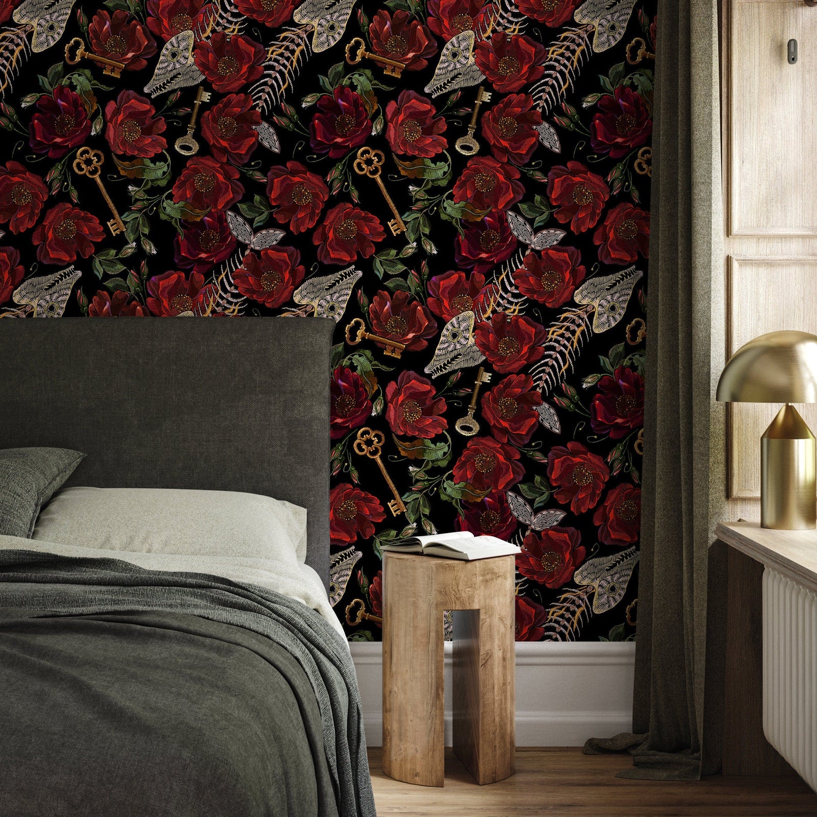 Gothic Wallpaper with an Embroidered Motif of Flowers and Keys in Red, Black, and Gold - D918