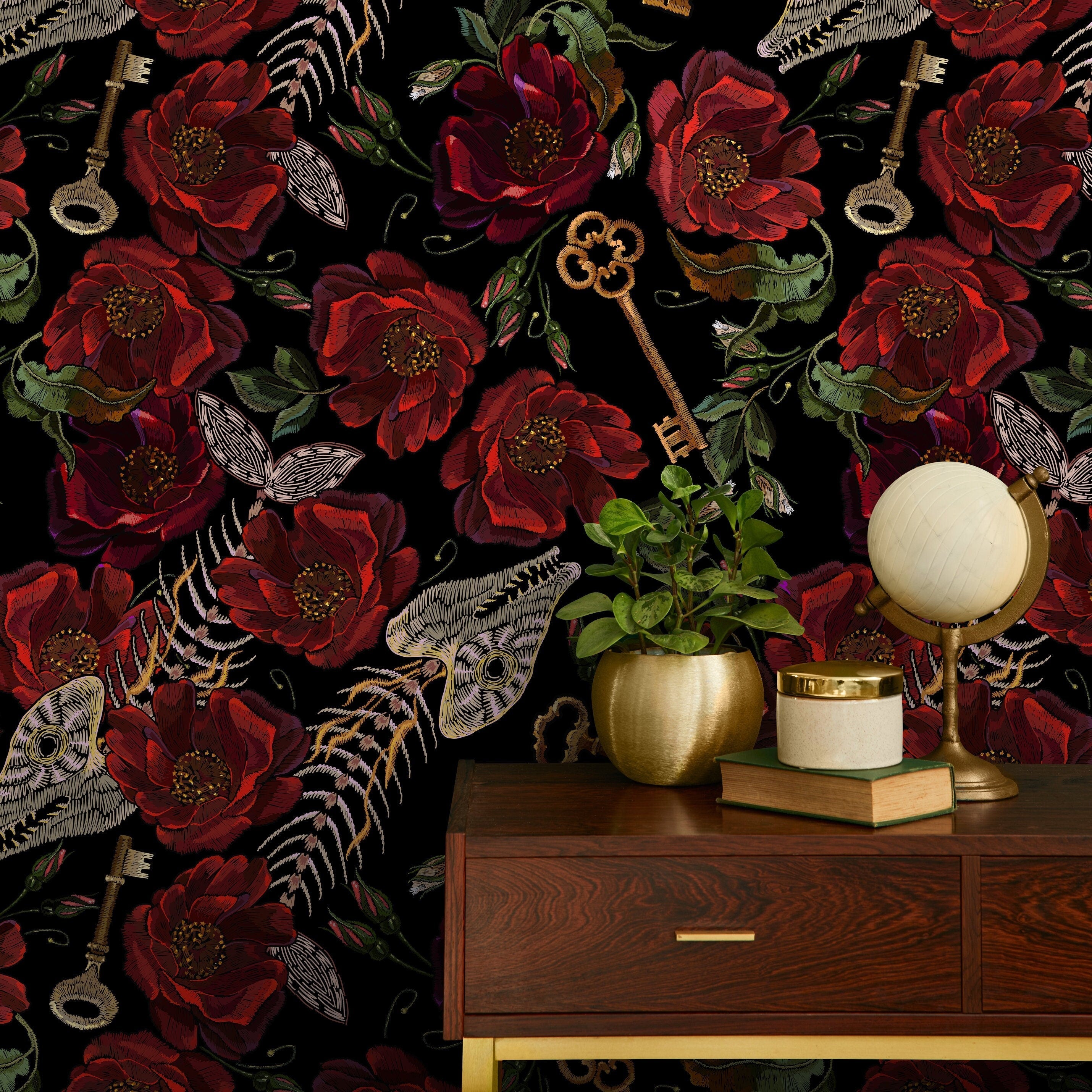 Gothic Wallpaper with an Embroidered Motif of Flowers and Keys in Red, Black, and Gold - D918