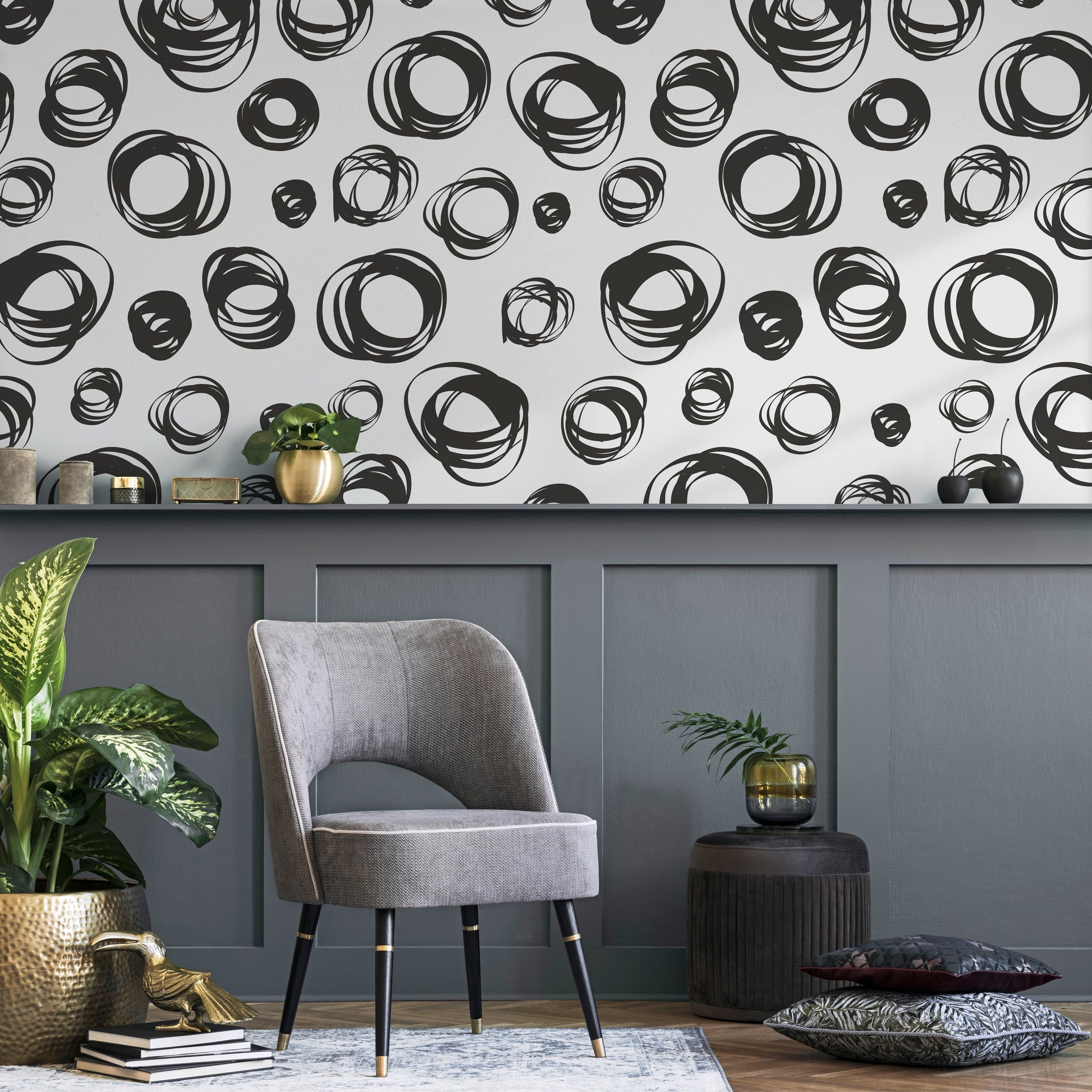 Abstract Wallpaper with Hand-Drawn Scribble Circles in Black - A027
