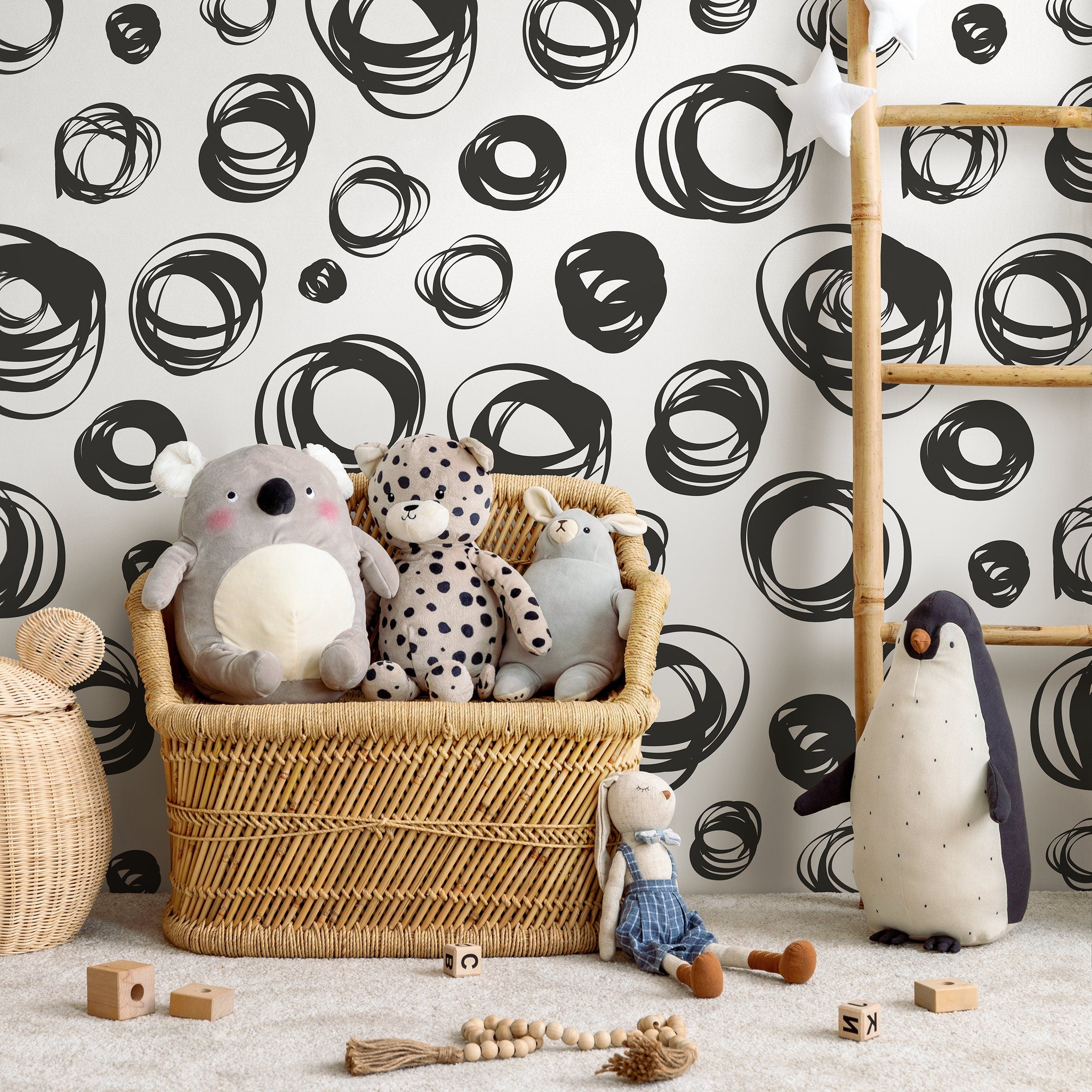 Abstract Wallpaper with Hand-Drawn Scribble Circles in Black - A027
