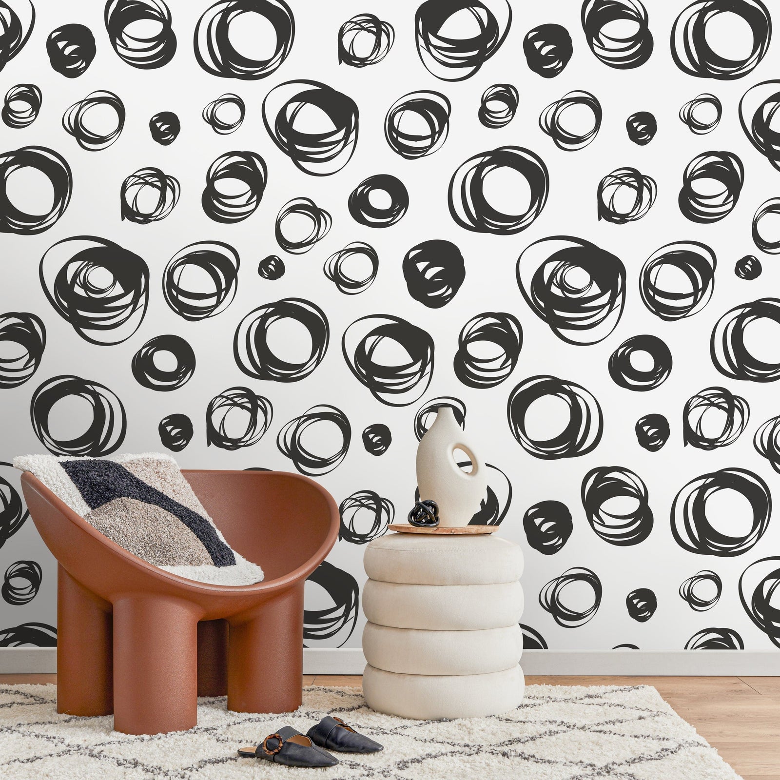 Abstract Wallpaper with Hand-Drawn Scribble Circles in Black - A027