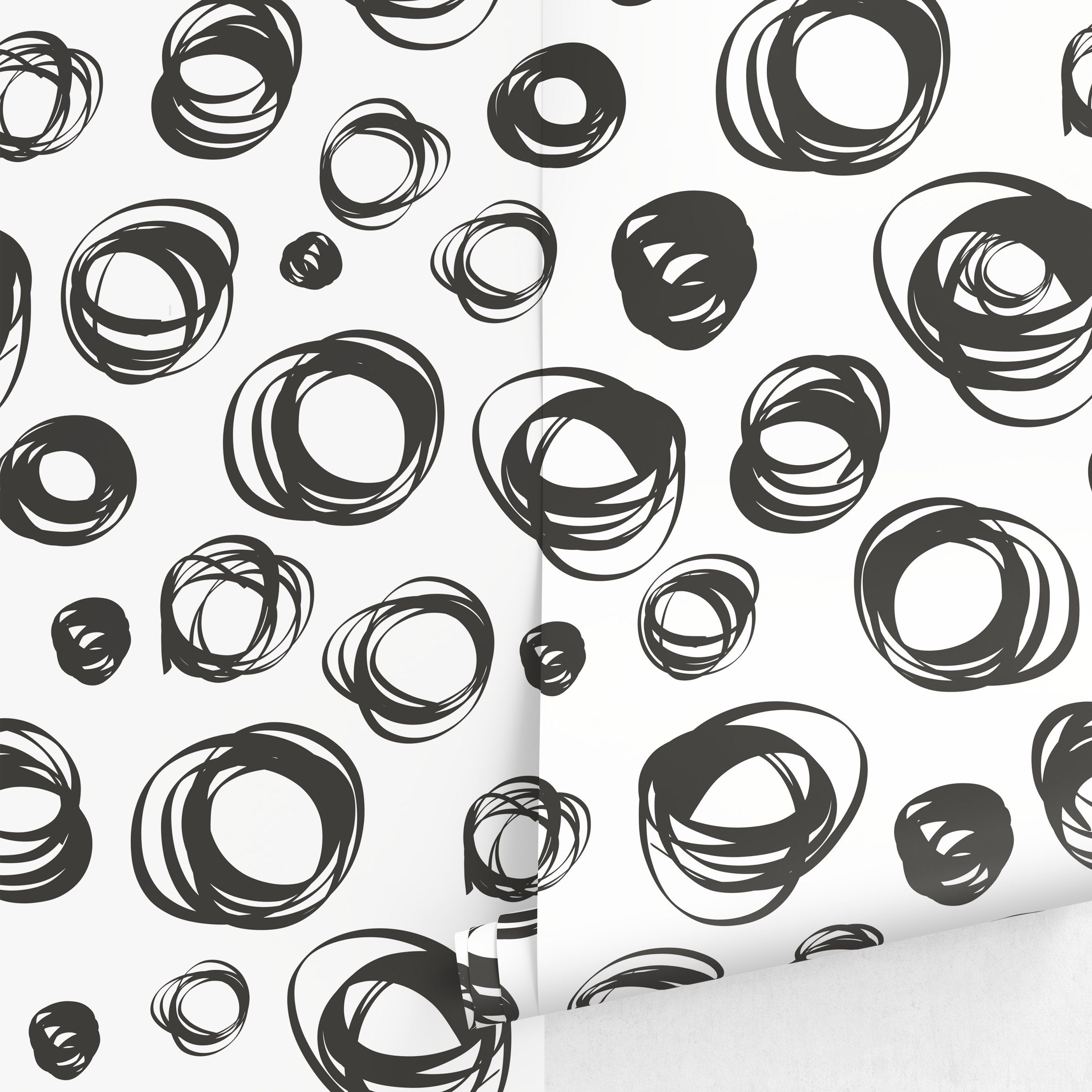 Abstract Wallpaper with Hand-Drawn Scribble Circles in Black - A027
