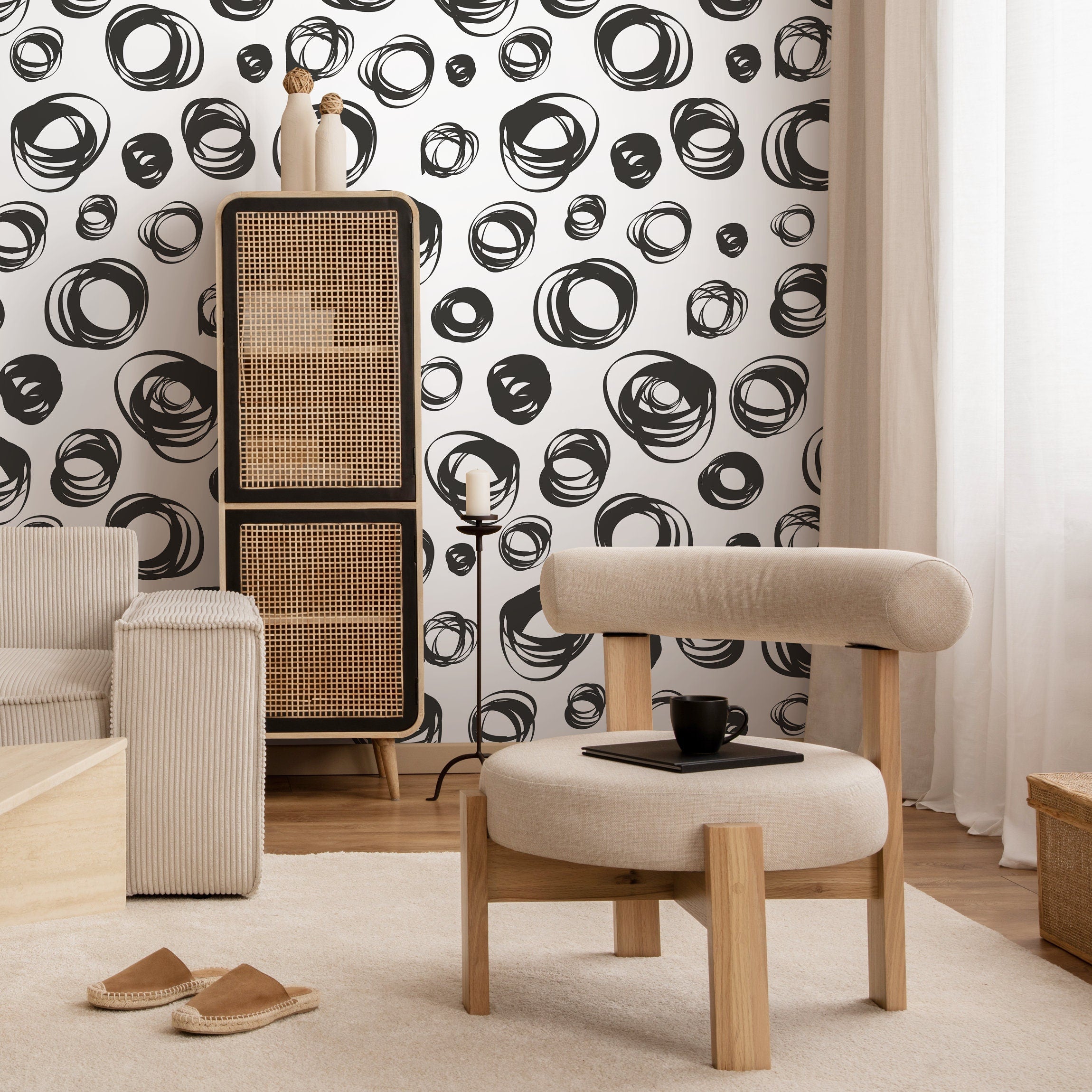 Abstract Wallpaper with Hand-Drawn Scribble Circles in Black - A027
