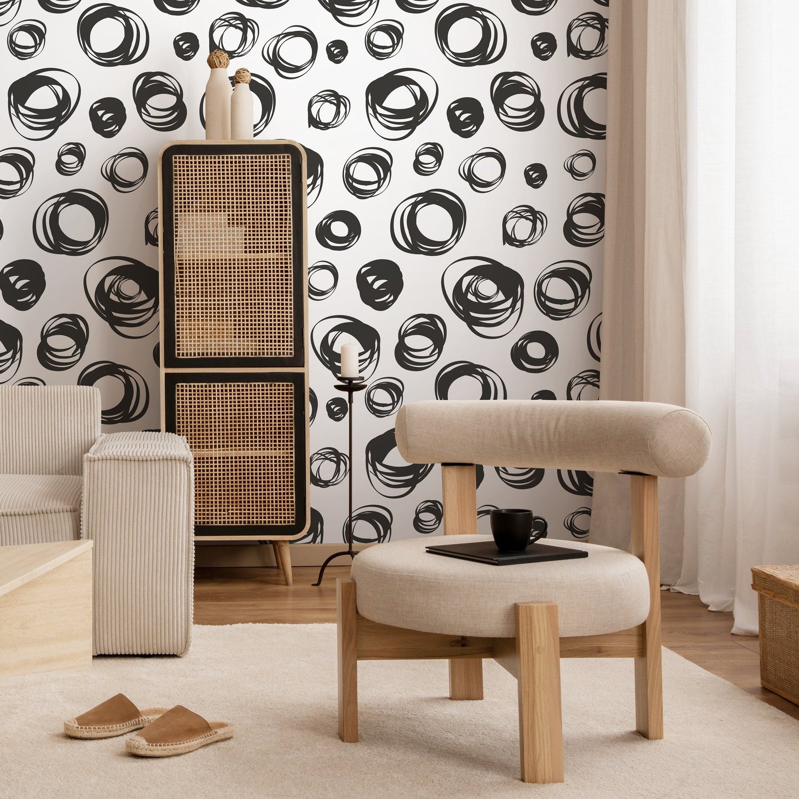 Abstract Wallpaper with Hand-Drawn Scribble Circles in Black - A027
