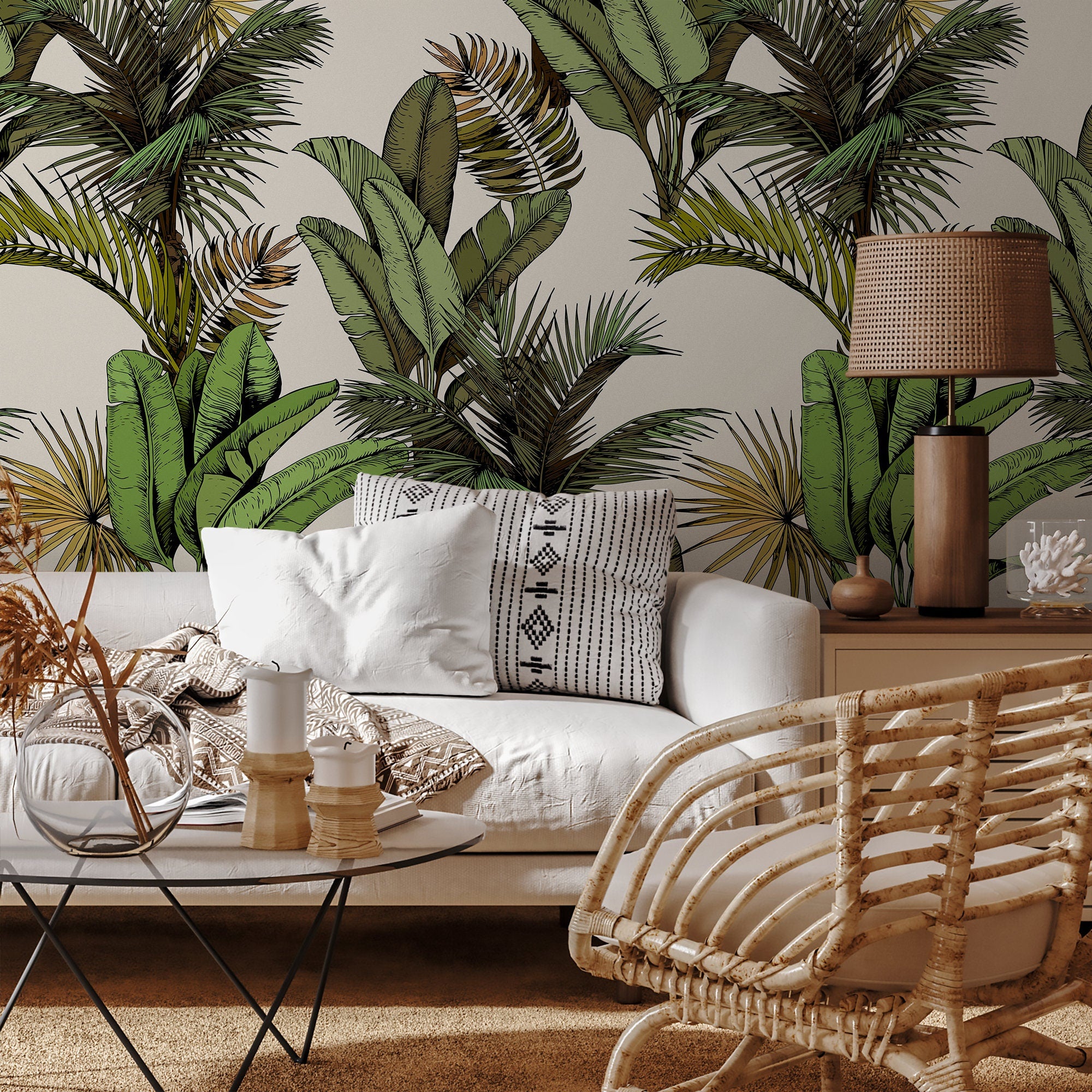 Tropical Wallpaper with Illustrated Jungle Leaves in Green and Yellow - A762