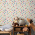 Geometric Wallpaper with Colorful Scattered Triangles in Blue, Pink, and Green - B292