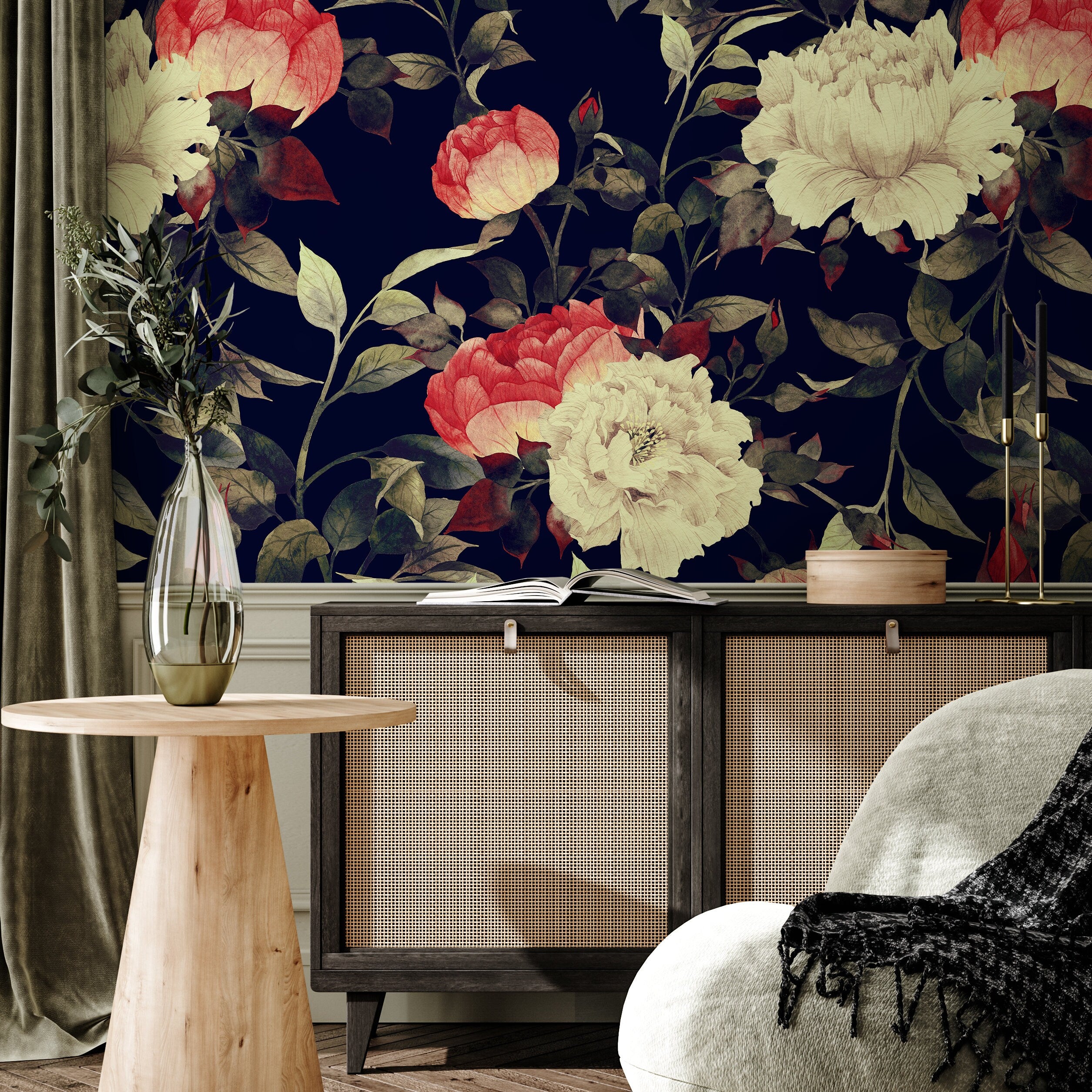 Floral Wallpaper with Vintage Peonies in Dark Blue, Red, and Cream - B033