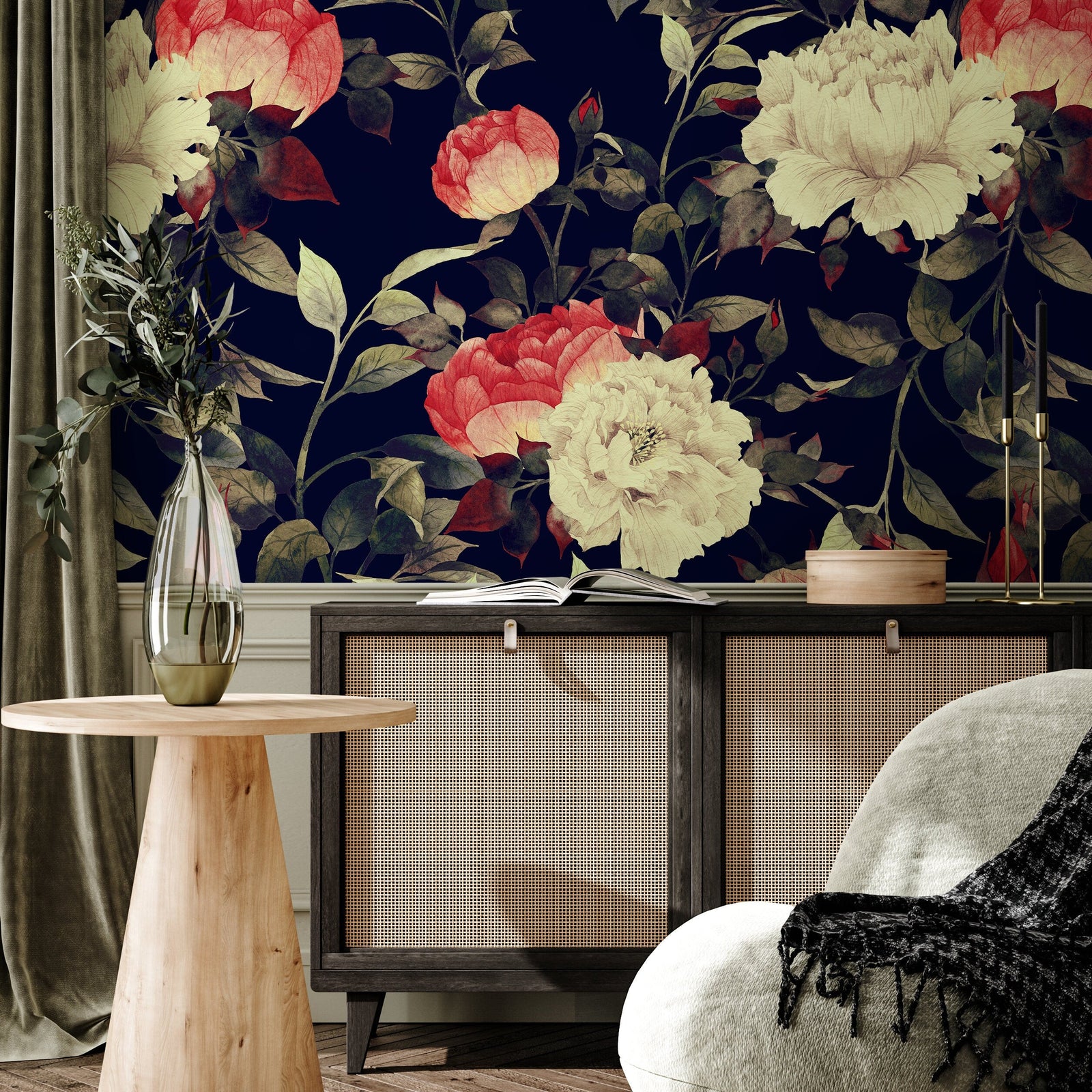 Floral Wallpaper with Vintage Peonies in Dark Blue, Red, and Cream - B033