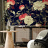 Floral Wallpaper with Vintage Peonies in Dark Blue, Red, and Cream - B033