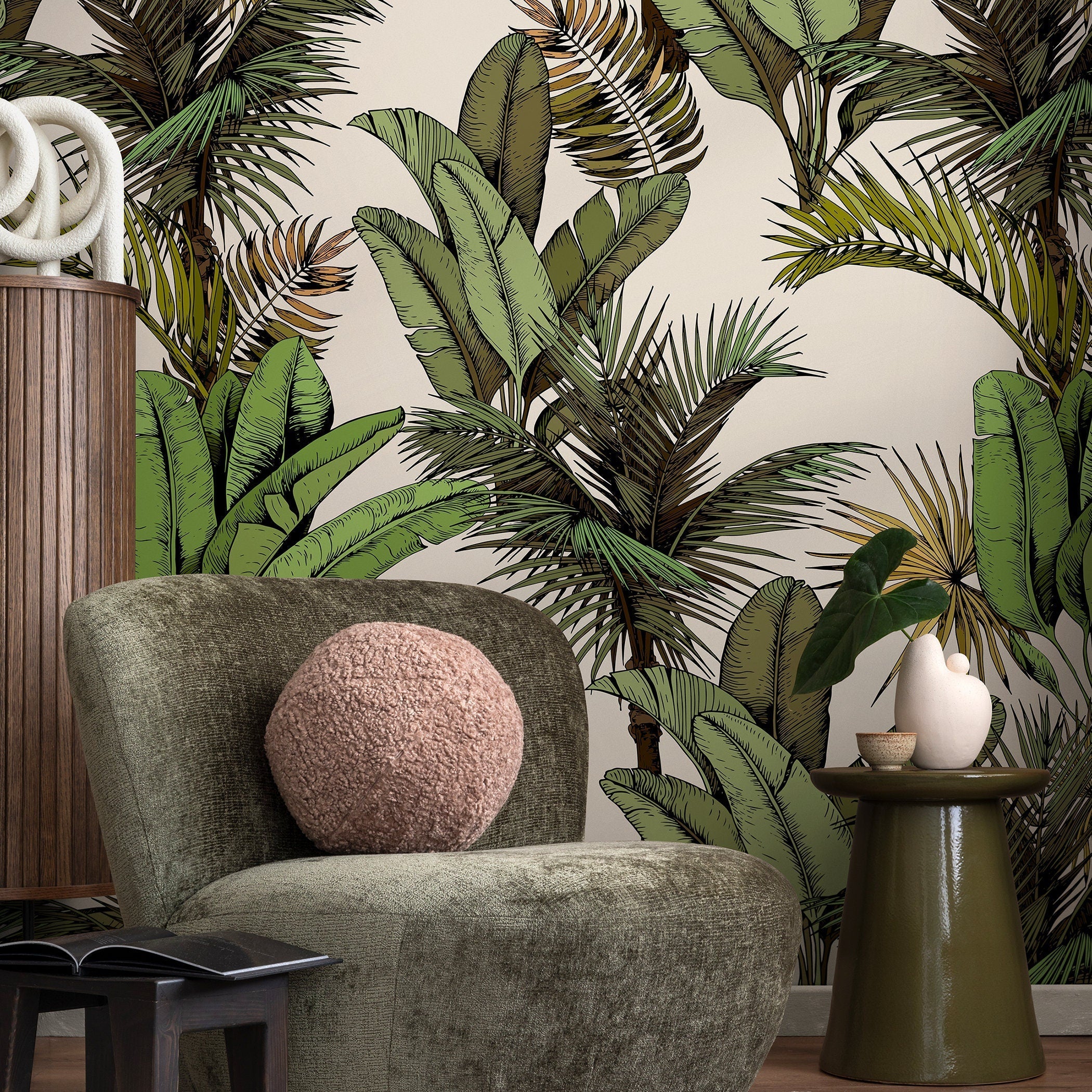 Tropical Wallpaper with Illustrated Jungle Leaves in Green and Yellow - A762