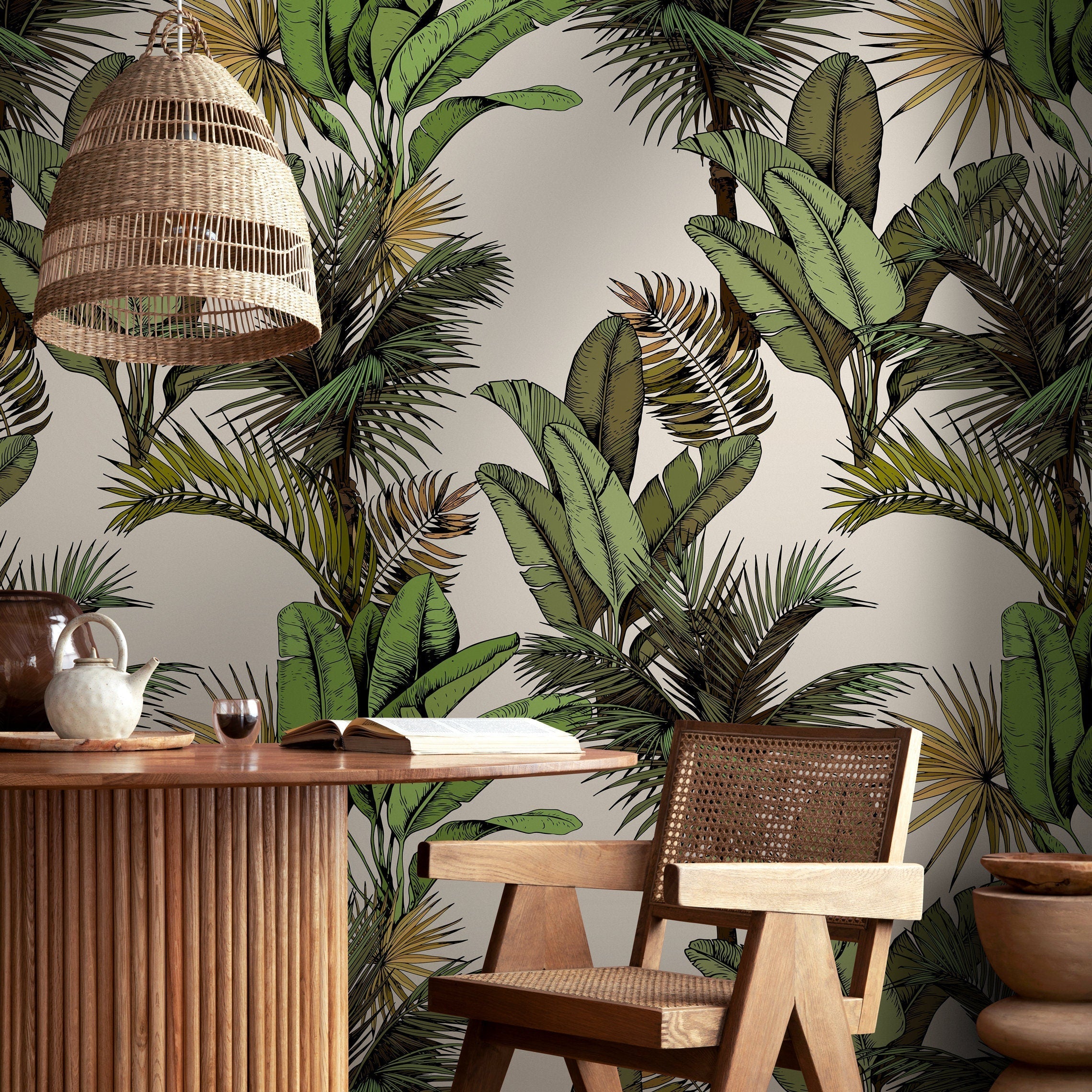 Tropical Wallpaper with Illustrated Jungle Leaves in Green and Yellow - A762