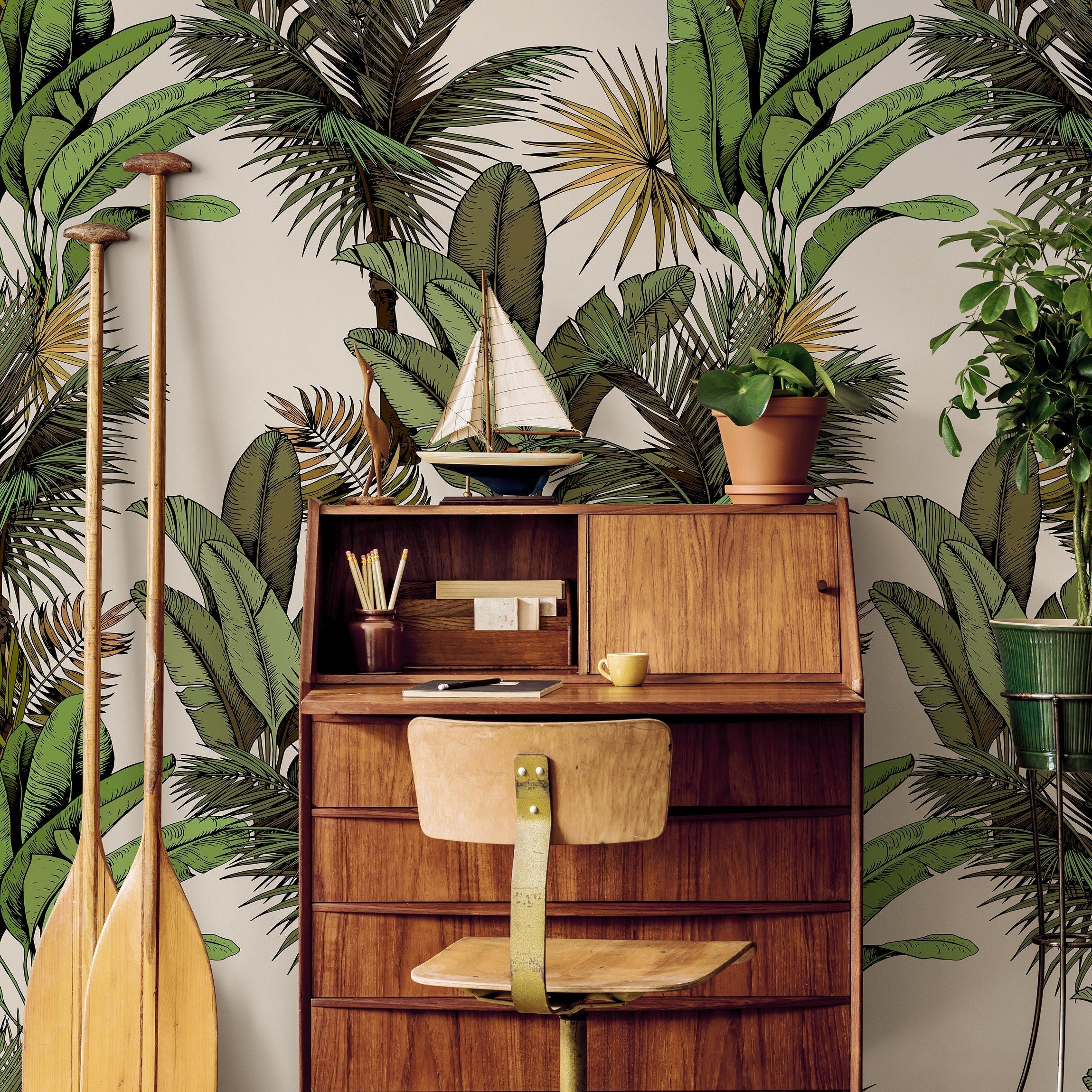 Tropical Wallpaper with Illustrated Jungle Leaves in Green and Yellow - A762