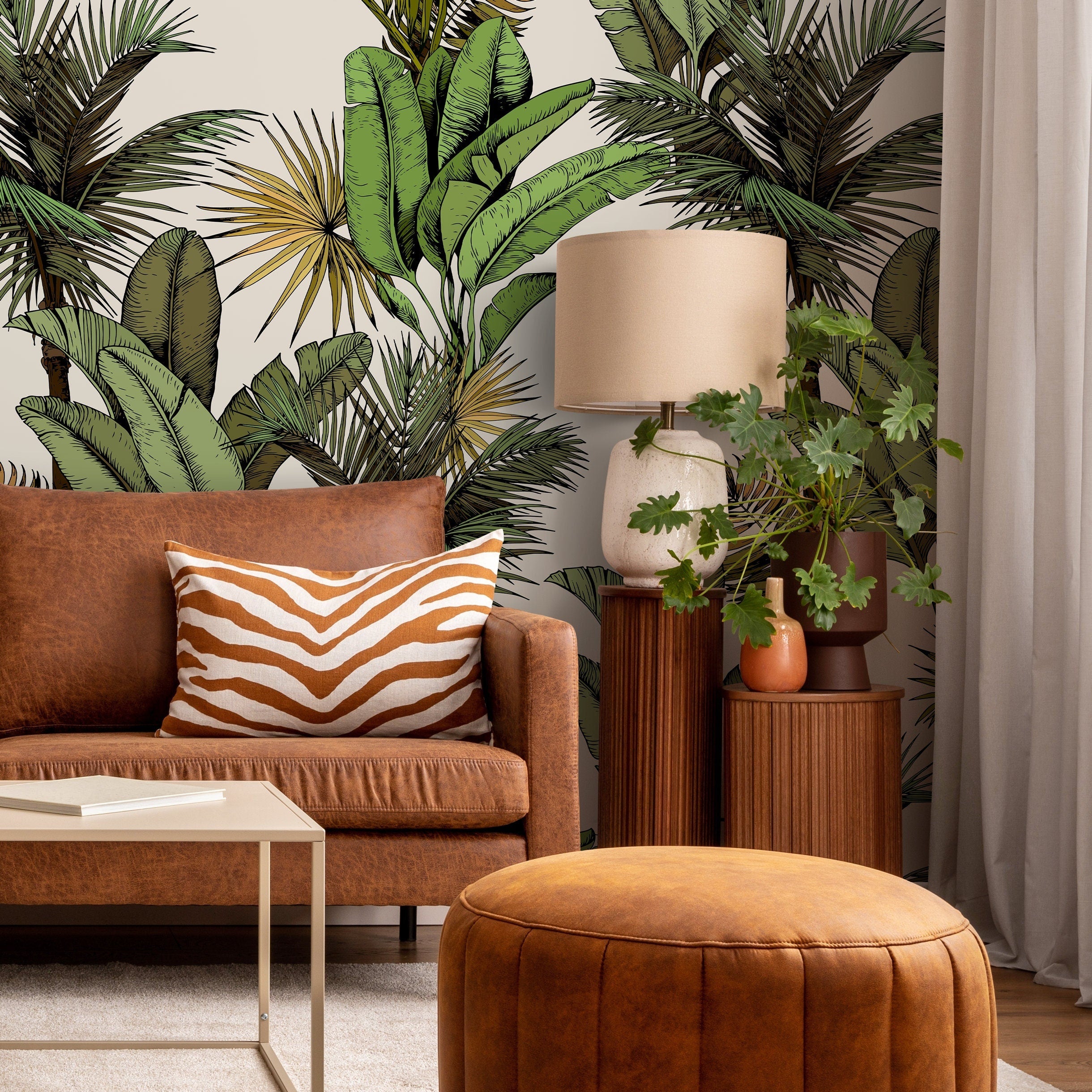 Tropical Wallpaper with Illustrated Jungle Leaves in Green and Yellow - A762