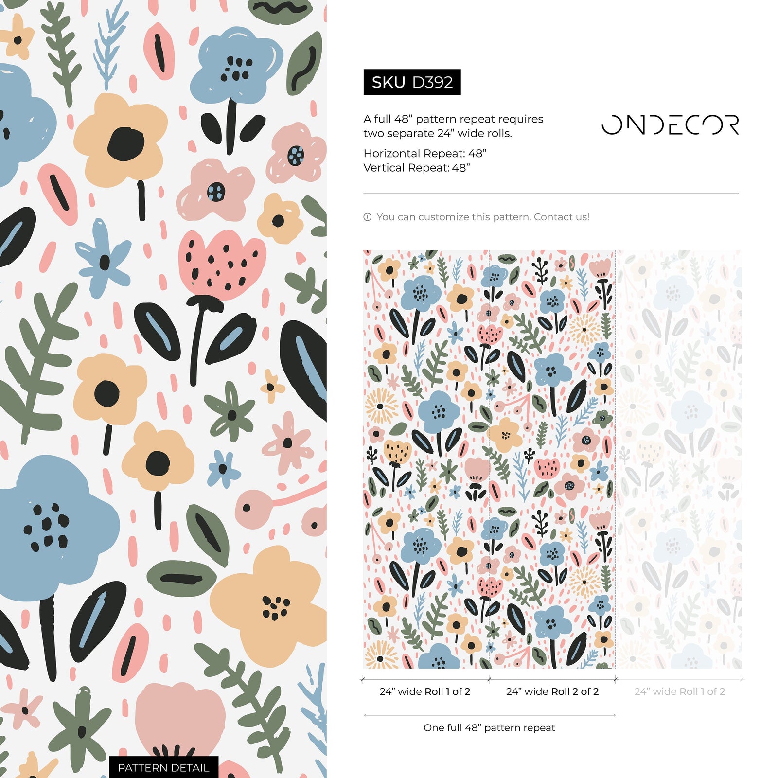 Floral Wallpaper with a Whimsical Meadow Motif in Blue, Pink, and Yellow - D392