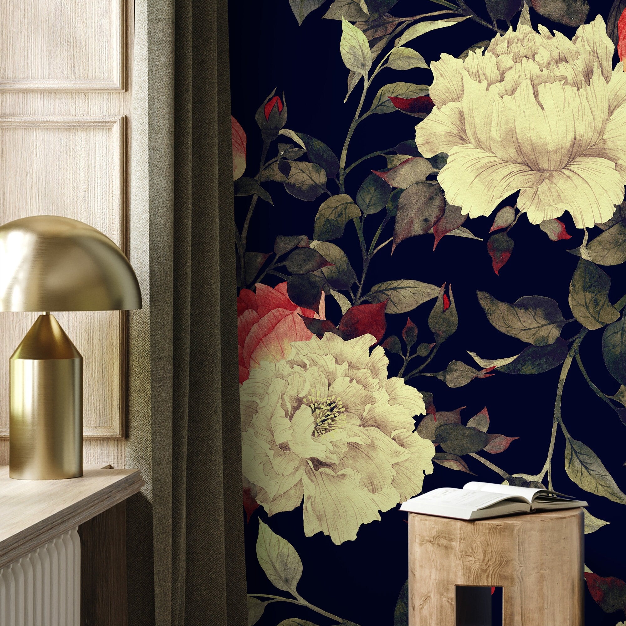 Floral Wallpaper with Vintage Peonies in Dark Blue, Red, and Cream - B033
