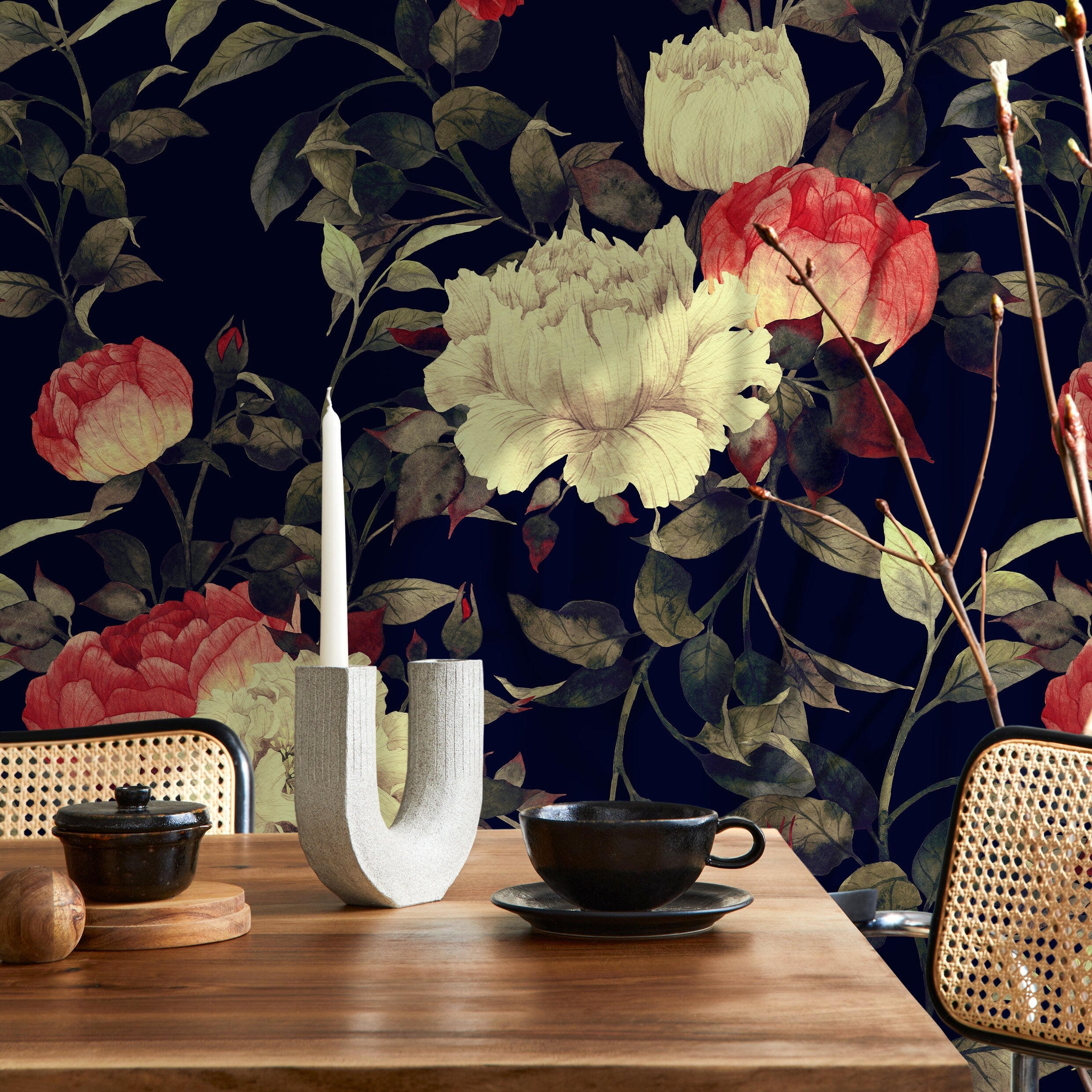 Floral Wallpaper with Vintage Peonies in Dark Blue, Red, and Cream - B033