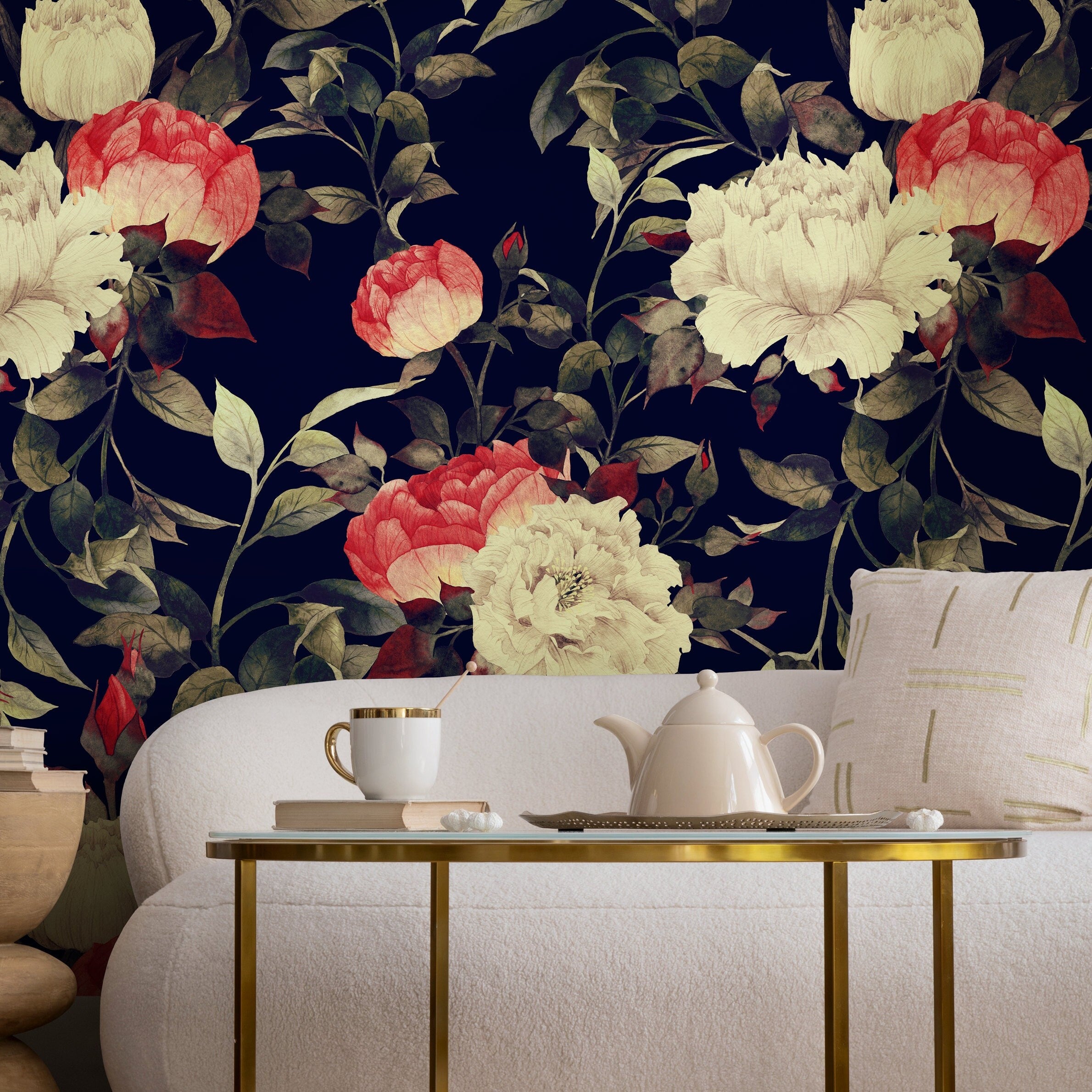 Floral Wallpaper with Vintage Peonies in Dark Blue, Red, and Cream - B033