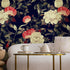 Floral Wallpaper with Vintage Peonies in Dark Blue, Red, and Cream - B033