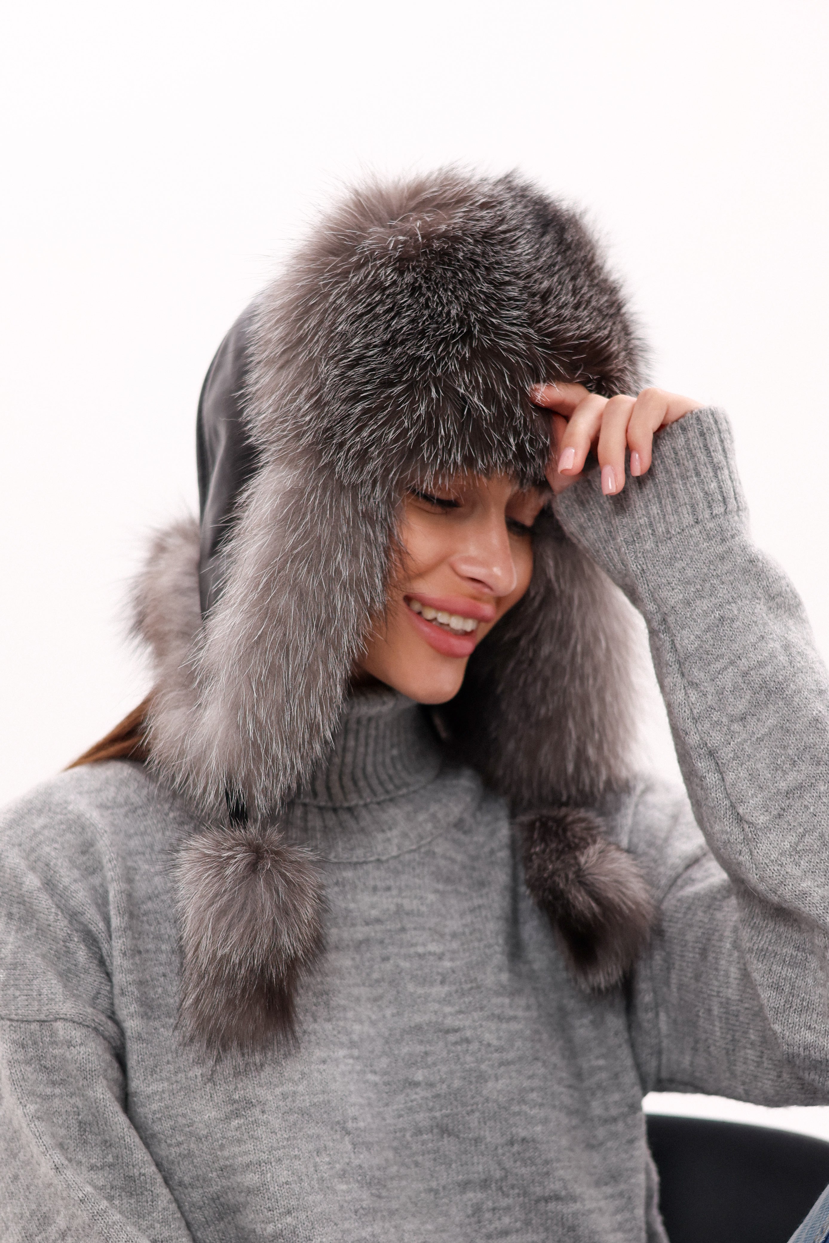 Genuine Silver Fox Fur Genuine Leather Hat