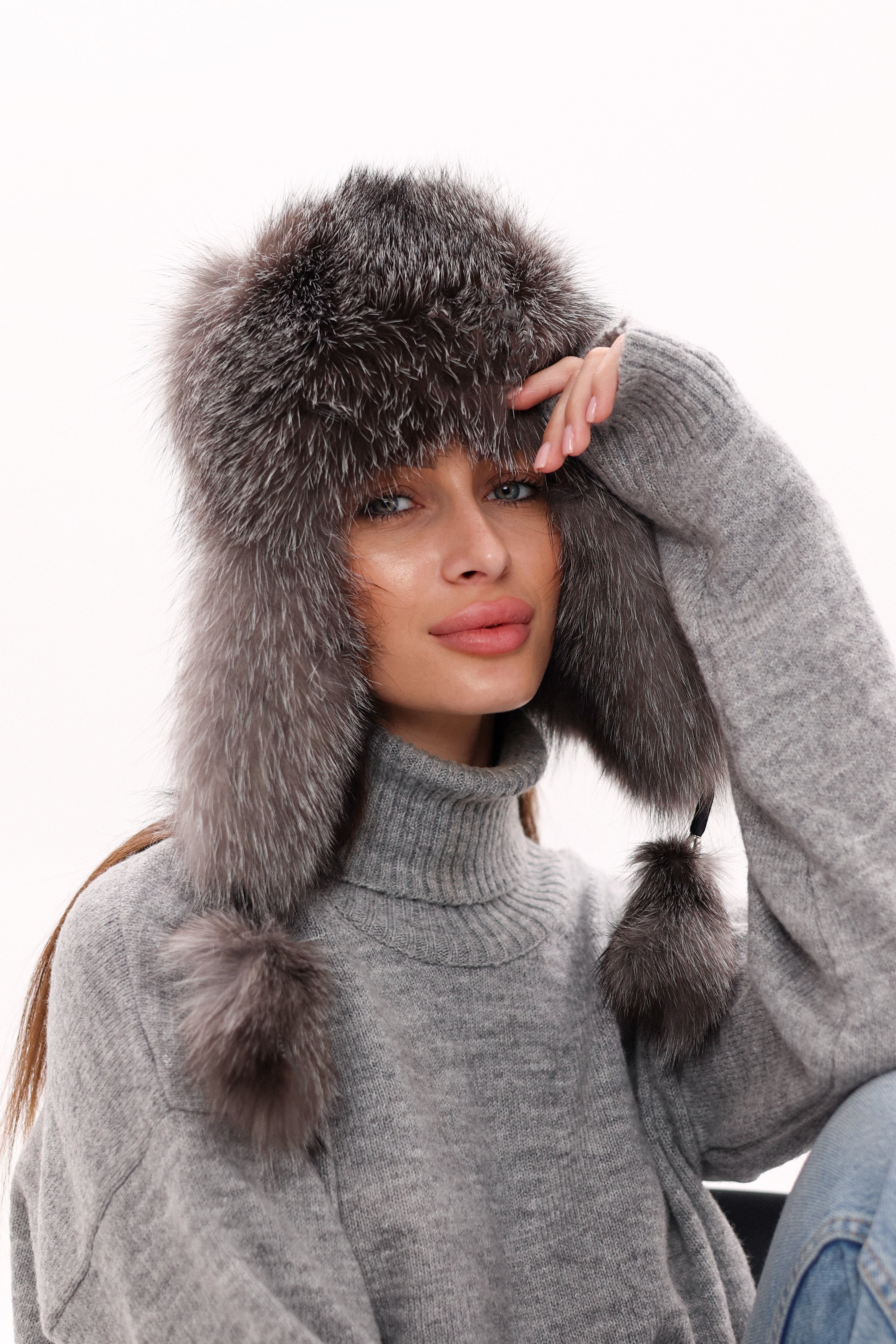 Genuine Silver Fox Fur Genuine Leather Hat